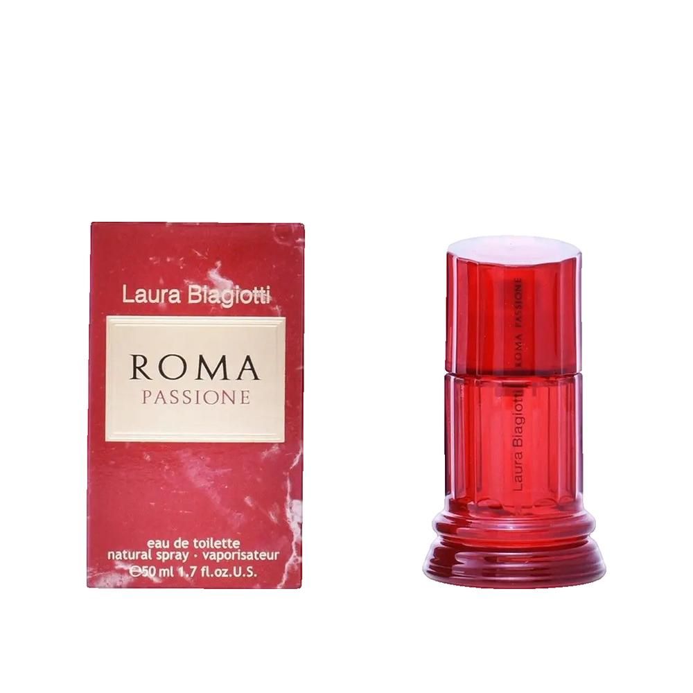 Flacone e confezione rossi Roma Passione di Laura Biagiotti. Flacone cilindrico. Confezione rossa con logo.