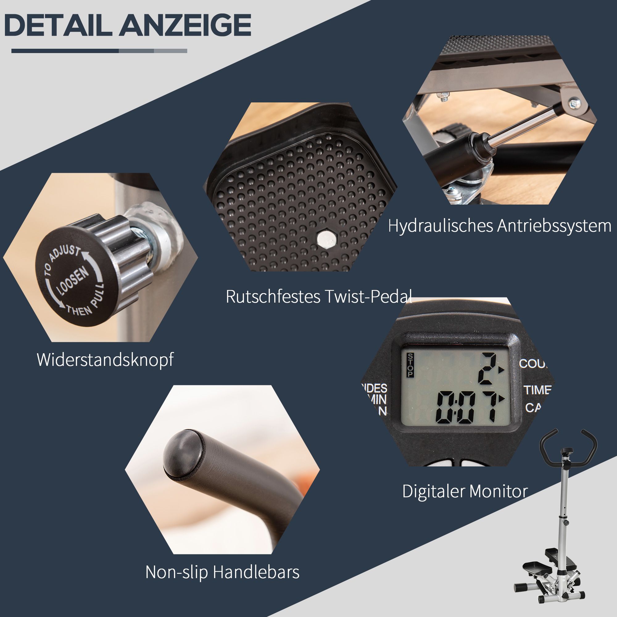 Vista dettagliata dello stepper. Manopola di resistenza, pedale twist antiscivolo, monitor digitale, manubri antiscivolo. Sistema di azionamento idraulico.