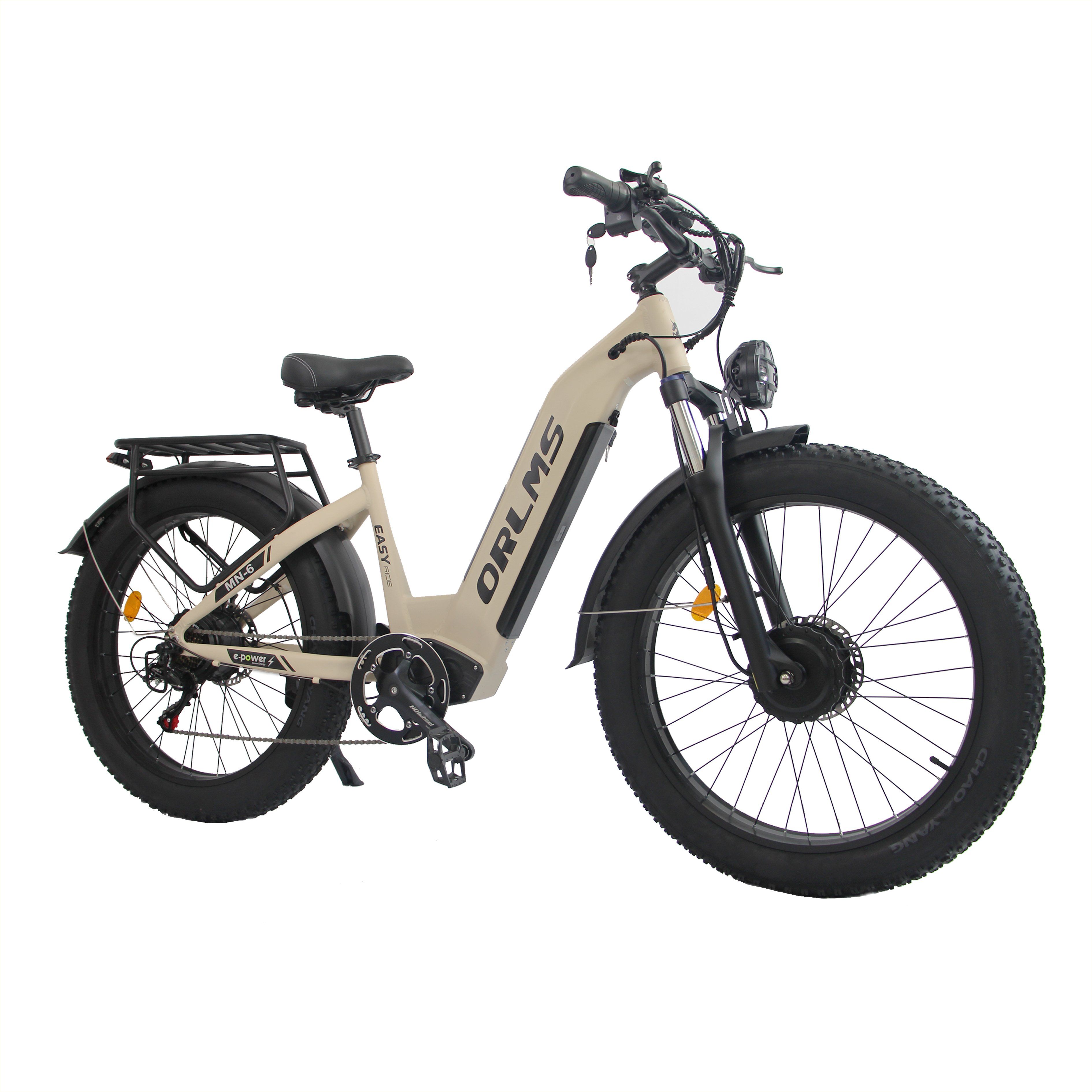 Bicicletta elettrica beige, pneumatici neri. Marchio ORLMS visibile.