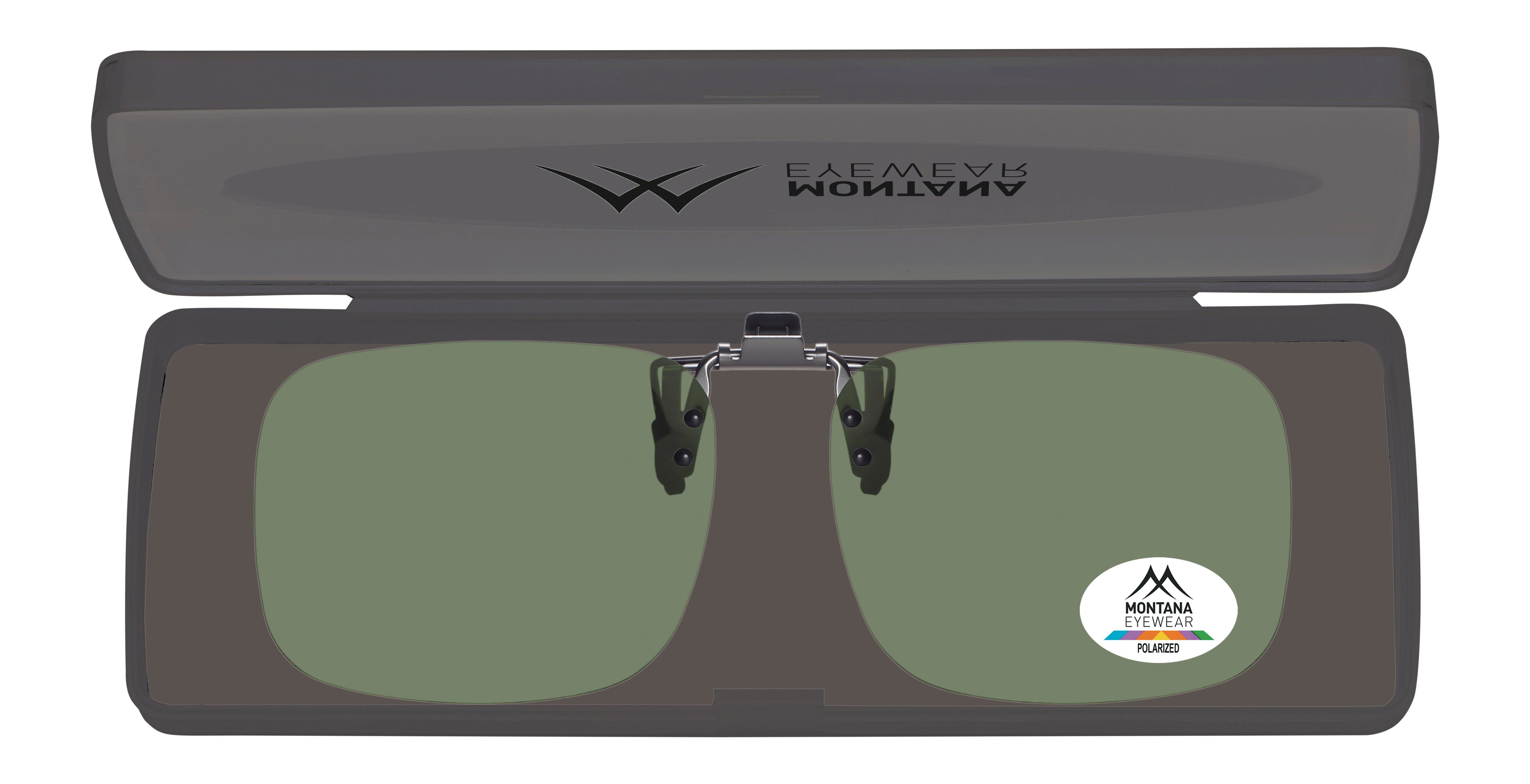 Occhiali da sole clip-on in custodia. Logo "MONTANA EYEWEAR POLARIZED". Custodia con logo.
