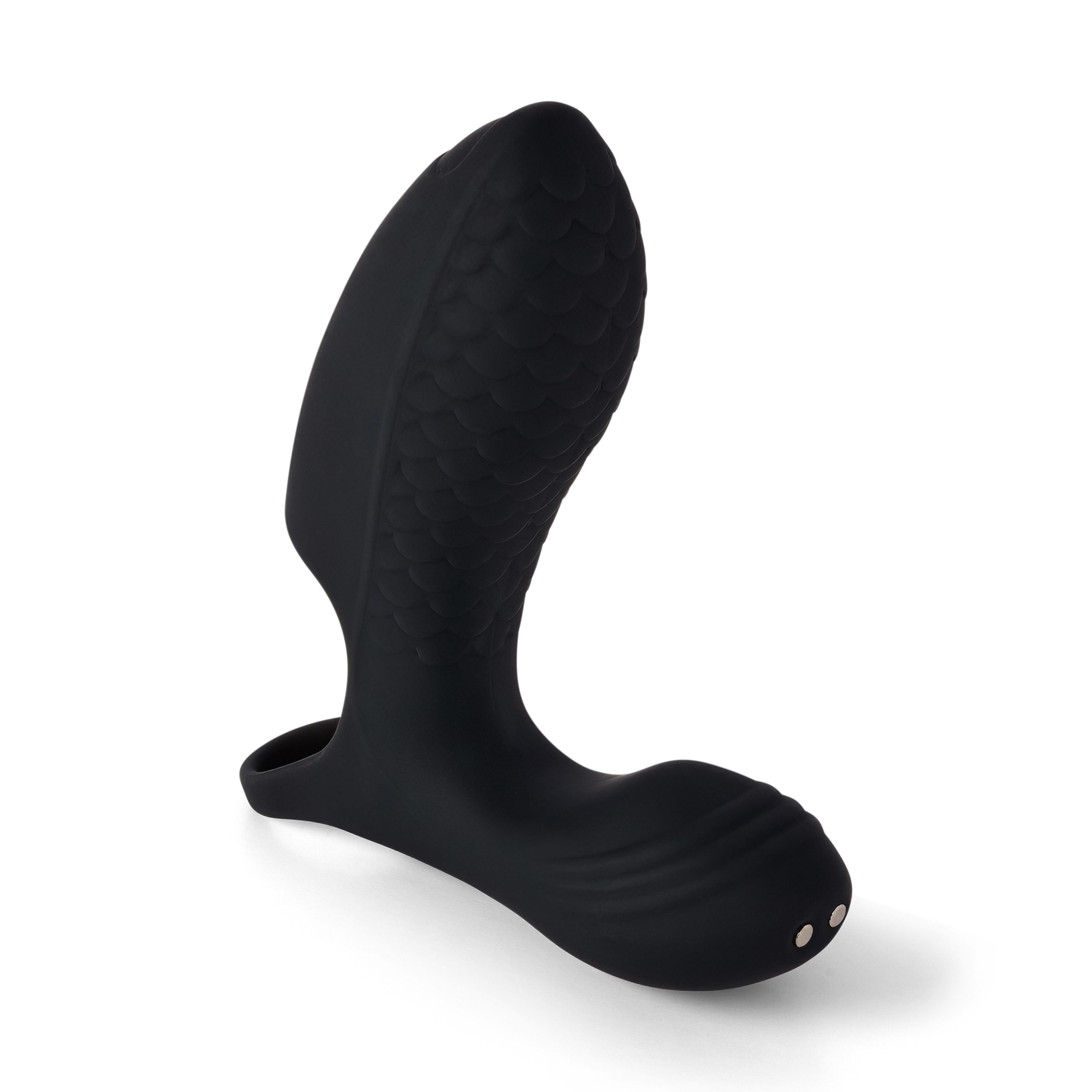 Prodotto benessere nero con superficie strutturata e anello. Due pulsanti alla base. Su sfondo bianco.