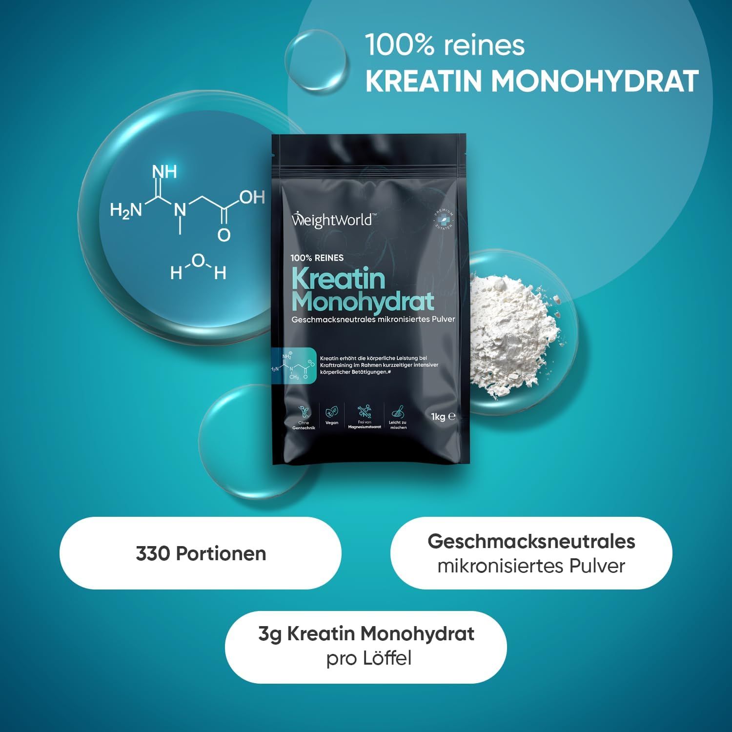 Busta nera con polvere bianca e testo. Cerchi blu con testo e formula chimica. 330 porzioni, polvere insapore.