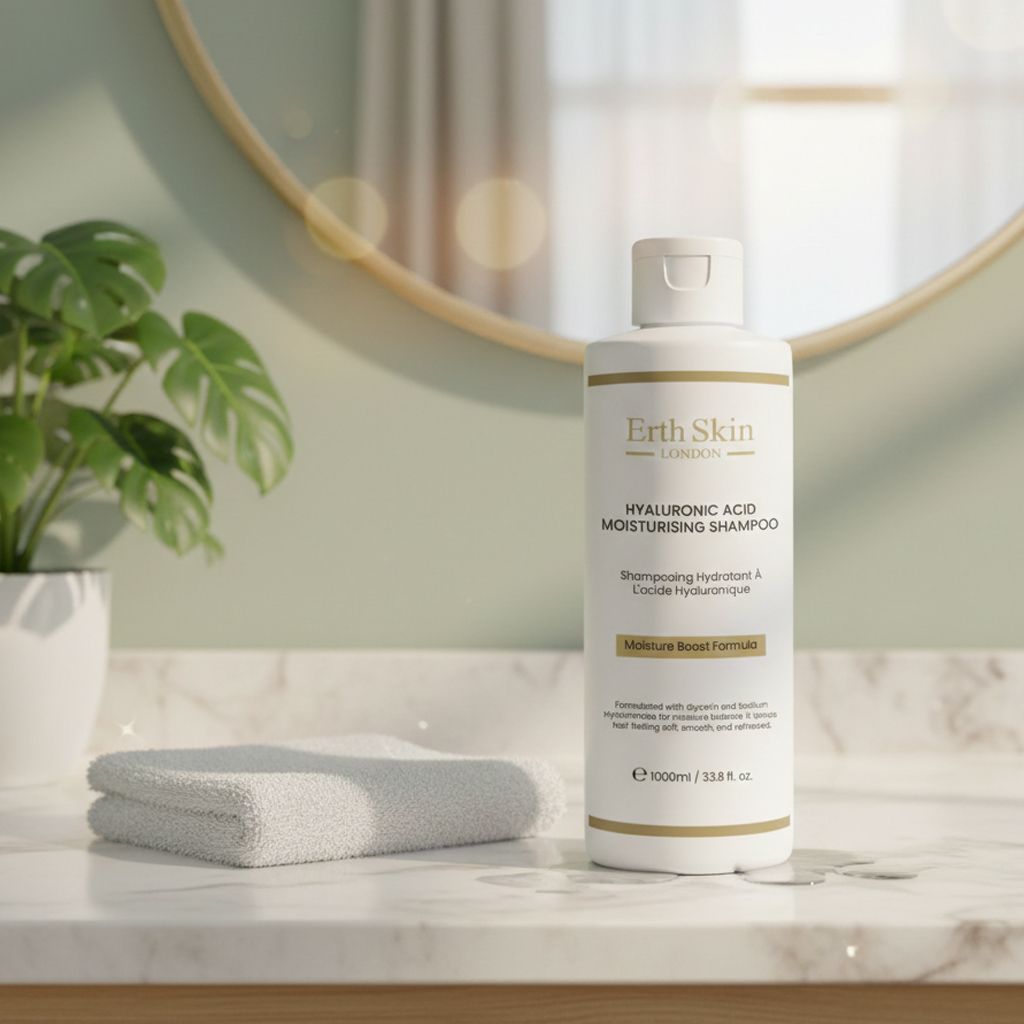 Shampoo bianco con dettagli dorati. Scritta: Erth Skin London, Hyaluronic Acid Moisturizing Shampoo. Accanto a un asciugamano su superficie in marmo.