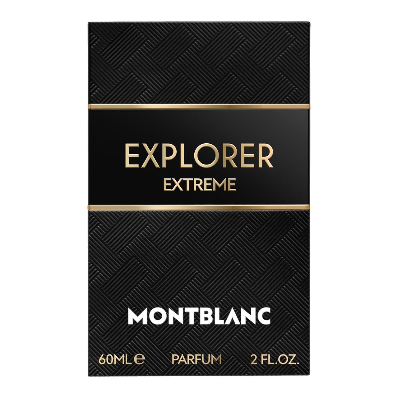 Confezione nera con testo dorato. Scritta EXPLORER EXTREME e MONTBLANC. 60ml, PARFUM, 2 FL.OZ.
