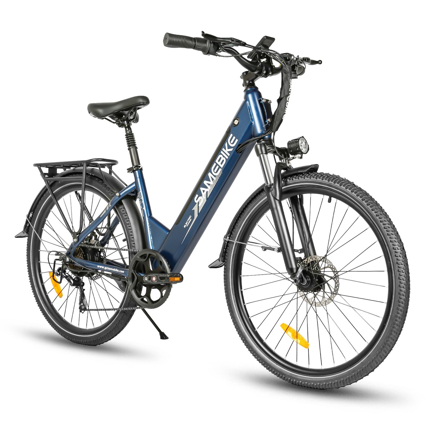 E-bike blu. Marchio SAMEBIKE. Pneumatici neri, parafanghi, portapacchi. Faro e fanale.