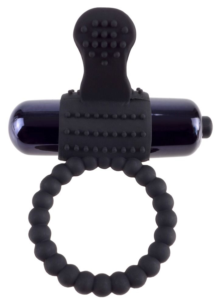Anello vibrante nero in silicone con vibratore perlato e bottoni.