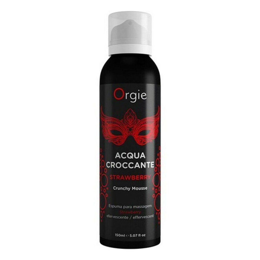 Flacone nero con vaporizzatore bianco. Scritta: Orgie, Acqua Croccante Strawberry, Crunchy Mousse. Design maschera rossa.
