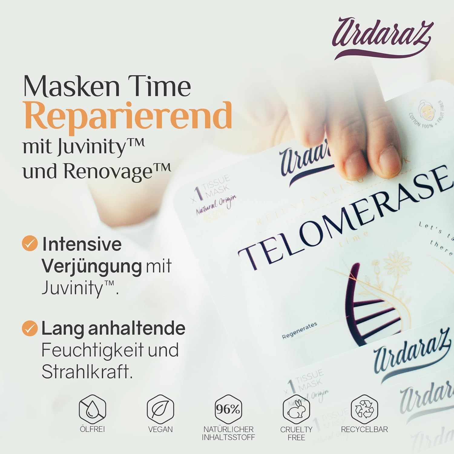 Mano che tiene una maschera per il viso. Stampa: Ardaraz Telomerase. Testo: ringiovanimento intensivo, idratazione duratura. Simboli: senza olio, vegano.