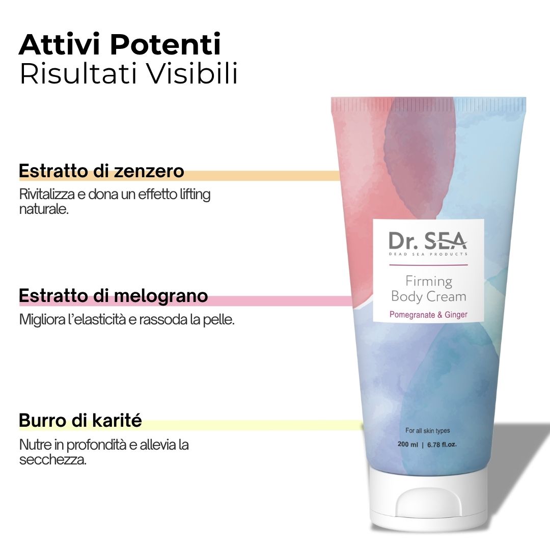 Tubo di crema corpo con testo. Testo: Dr. SEA, Firming Body Cream, Melograno & Zenzero. Ingredienti: Zenzero, Melograno, Burro di karité.