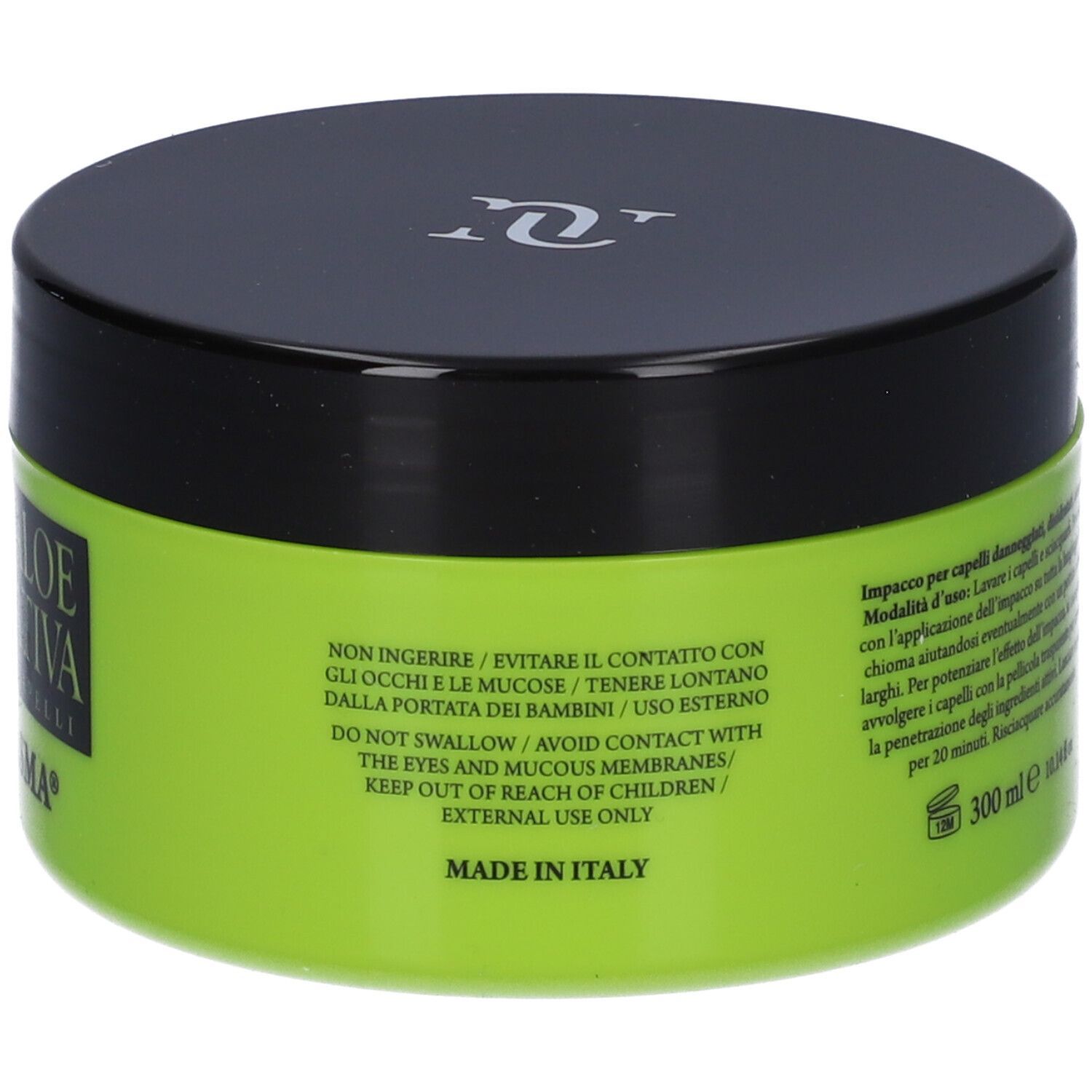 Vaso verde con coperchio nero. Scritta: Made in Italy. Testo in italiano e inglese.