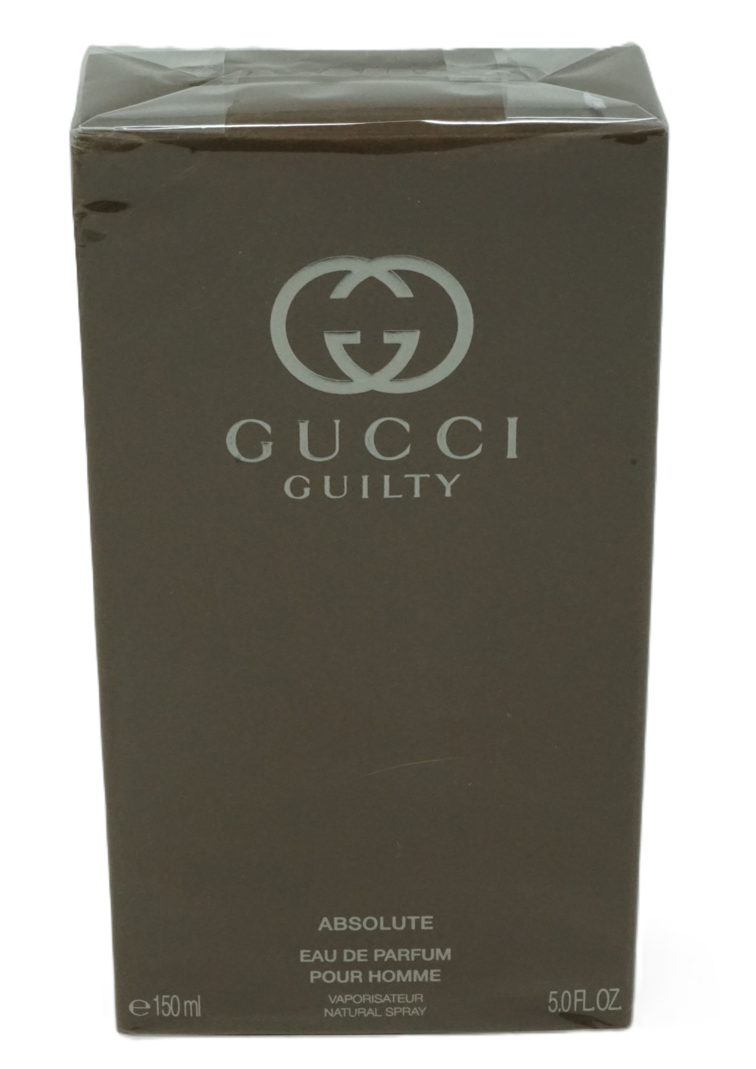 Flacone Gucci Guilty Absolute Pour Homme nella sua confezione. Logo e nome del prodotto.