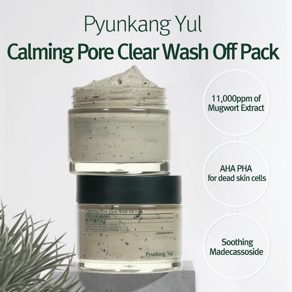 Due vasetti di pasta verdastra. Scritto: Calming Pore Clear Wash Off Pack. Testo: 11.000 ppm di estratto di artemisia.