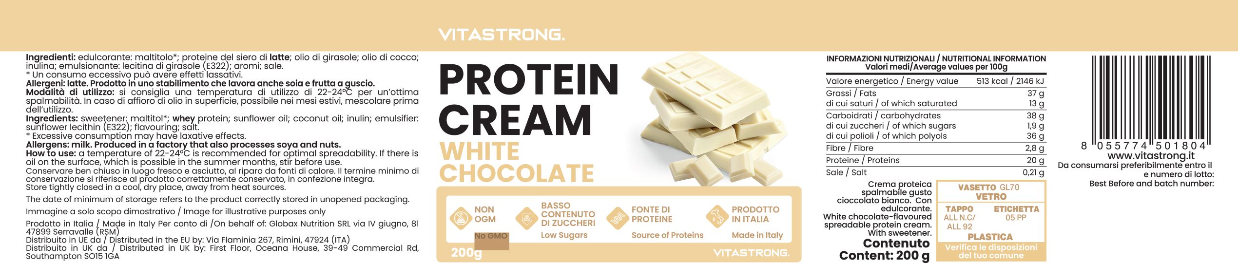 Etichetta con testo e informazioni nutrizionali. Protein Cream, cioccolato bianco. Vitastrong. Pezzi di cioccolato raffigurati.