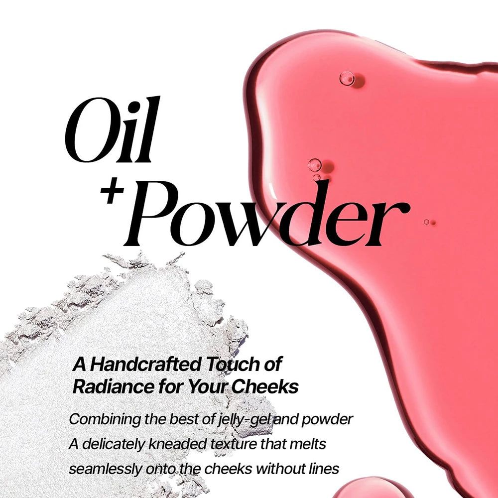 Testo 'Oil + Powder' e descrizione: 'A Handcrafted Touch of Radiance for Your Cheeks'.