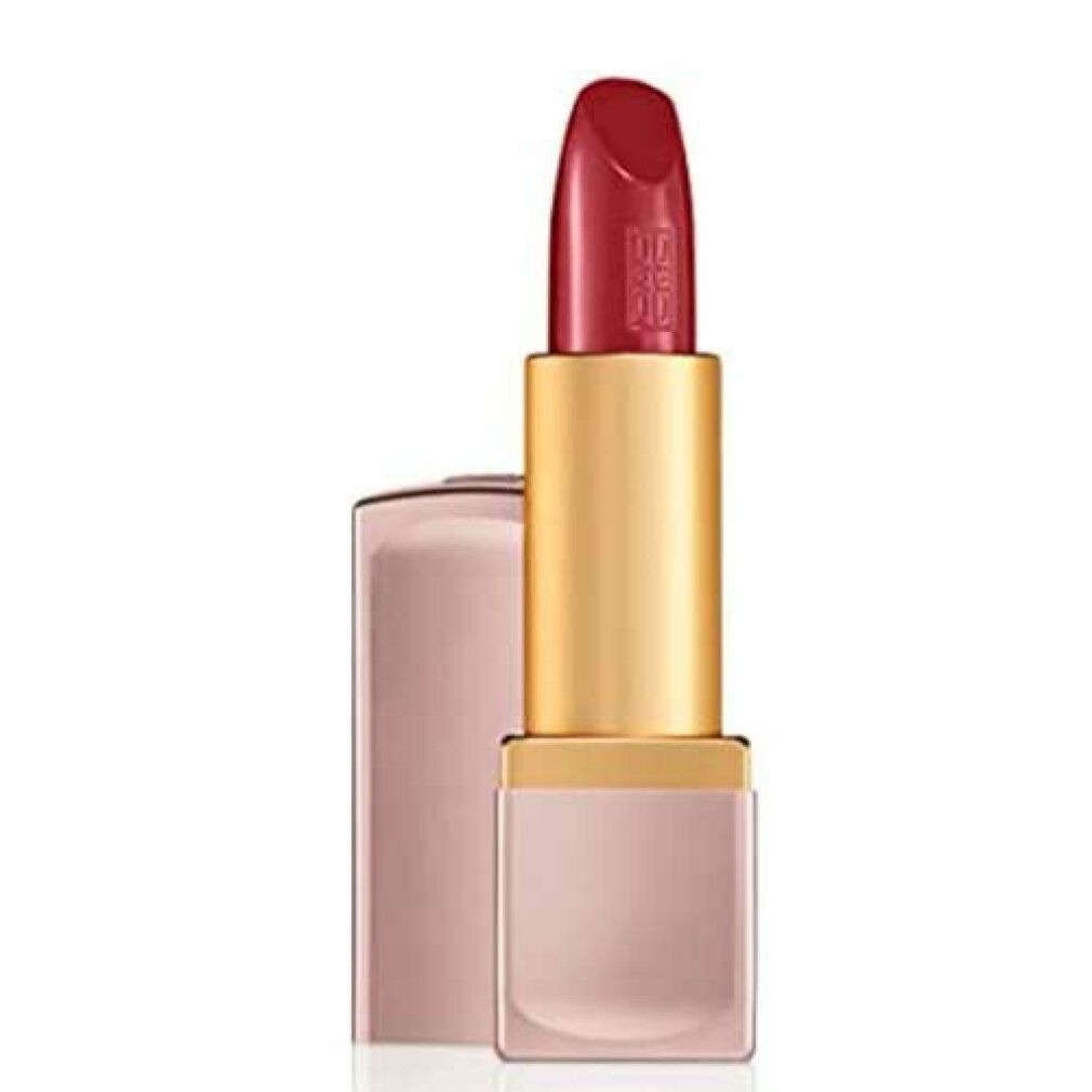 Rossetto con astuccio dorato e coperchio rosa. Il rossetto è aperto e mostra un colore rosso.