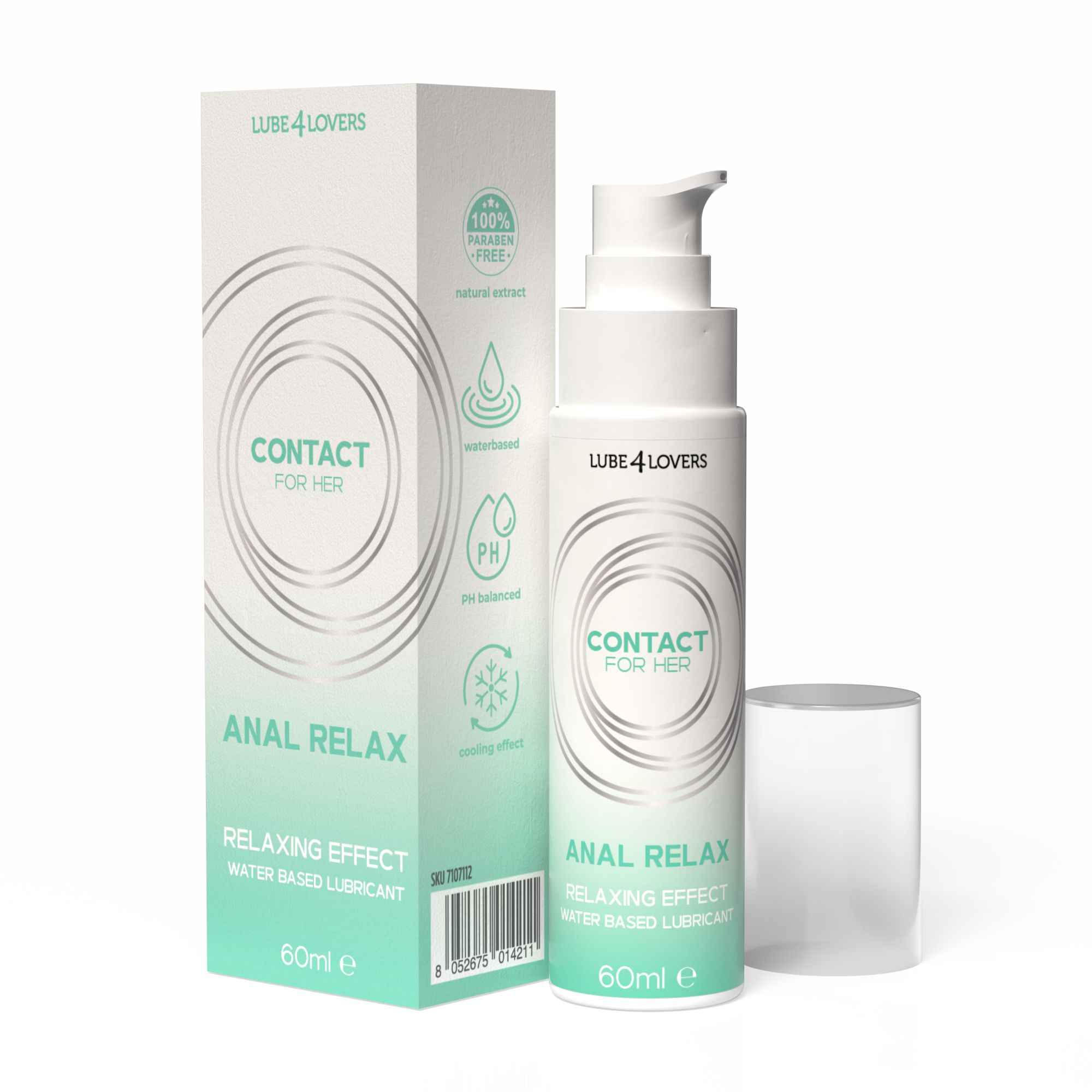 Flacone e confezione con scritta "CONTACT FOR HER ANAL RELAX". Lubrificante a base d'acqua. 60ml. Sigillo vegano.