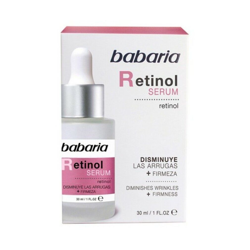 Flacone di siero Babaria Retinol con confezione. Flacone con pipetta, etichetta rosa, scatola bianca con nome e testo del prodotto.
