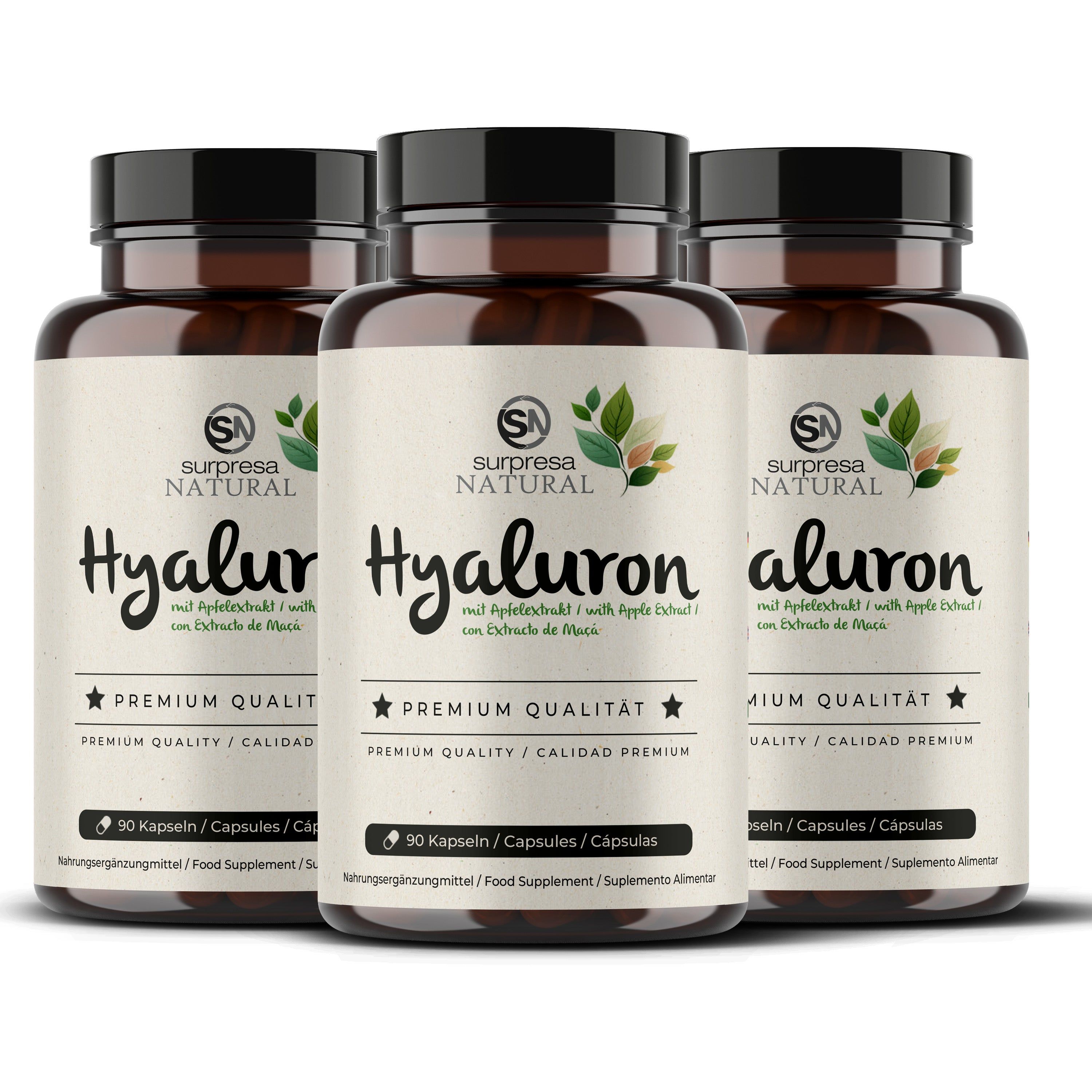 Tre flaconi di capsule Surpresa Natural Hyaluron, qualità premium.