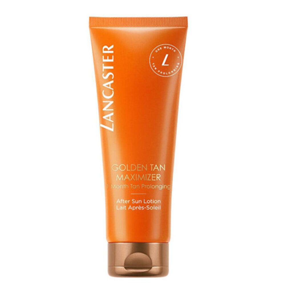 Tubo arancione "Lancaster Golden Tan Maximizer". Testo: After Sun Lotion. Chiusura color rame.