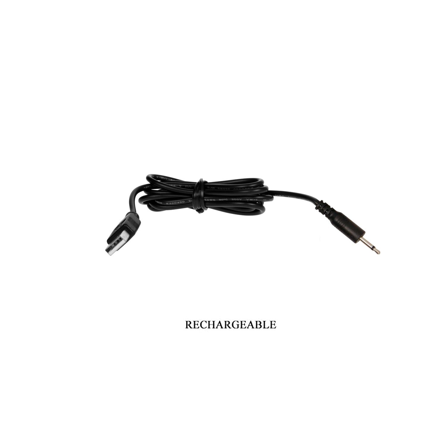 Cavo di ricarica nero con USB e spina piccola. Etichetta: Rechargeable.