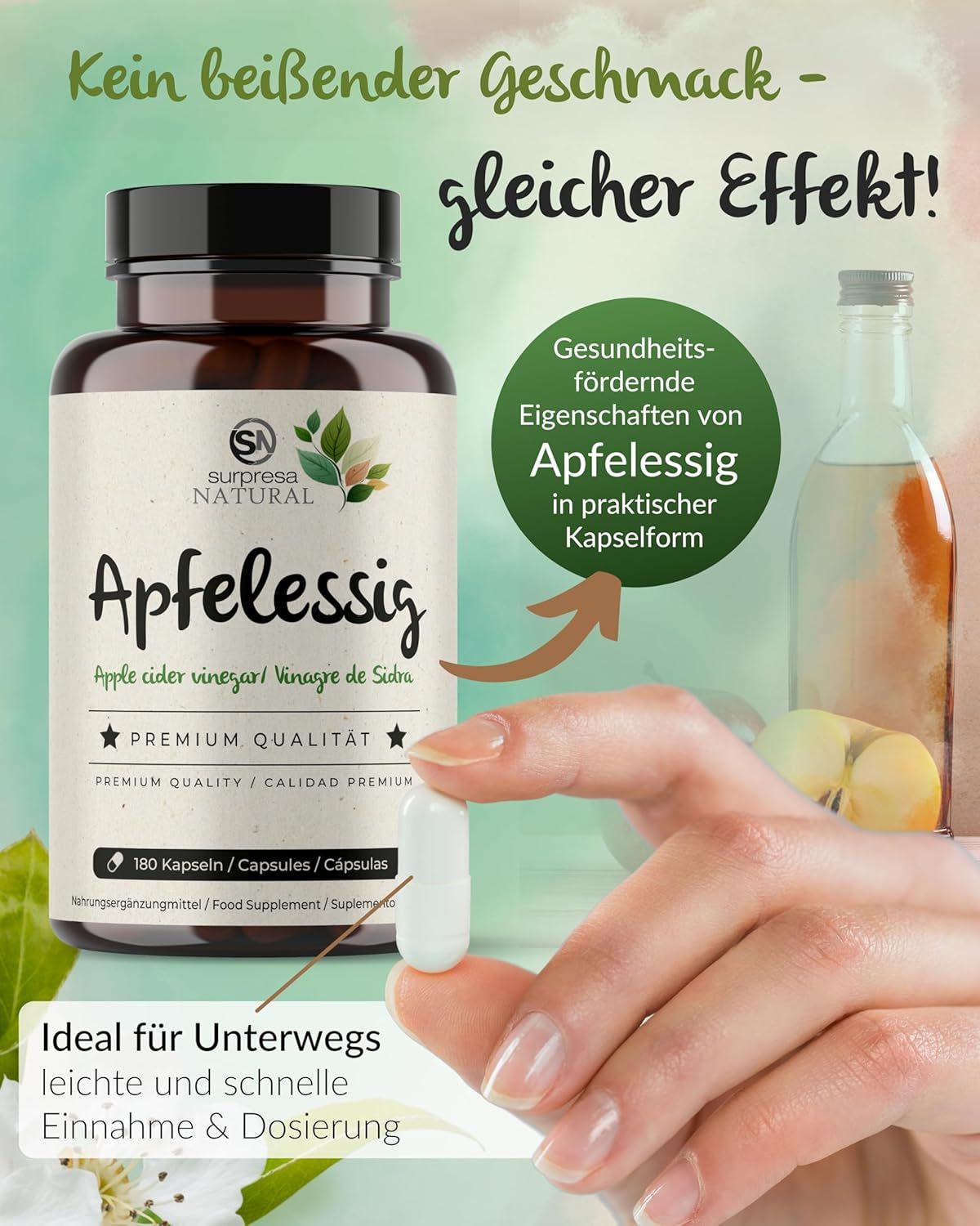 Bottiglia con capsule di aceto di mele, capsula in mano. Testo: Salute, assunzione facile.