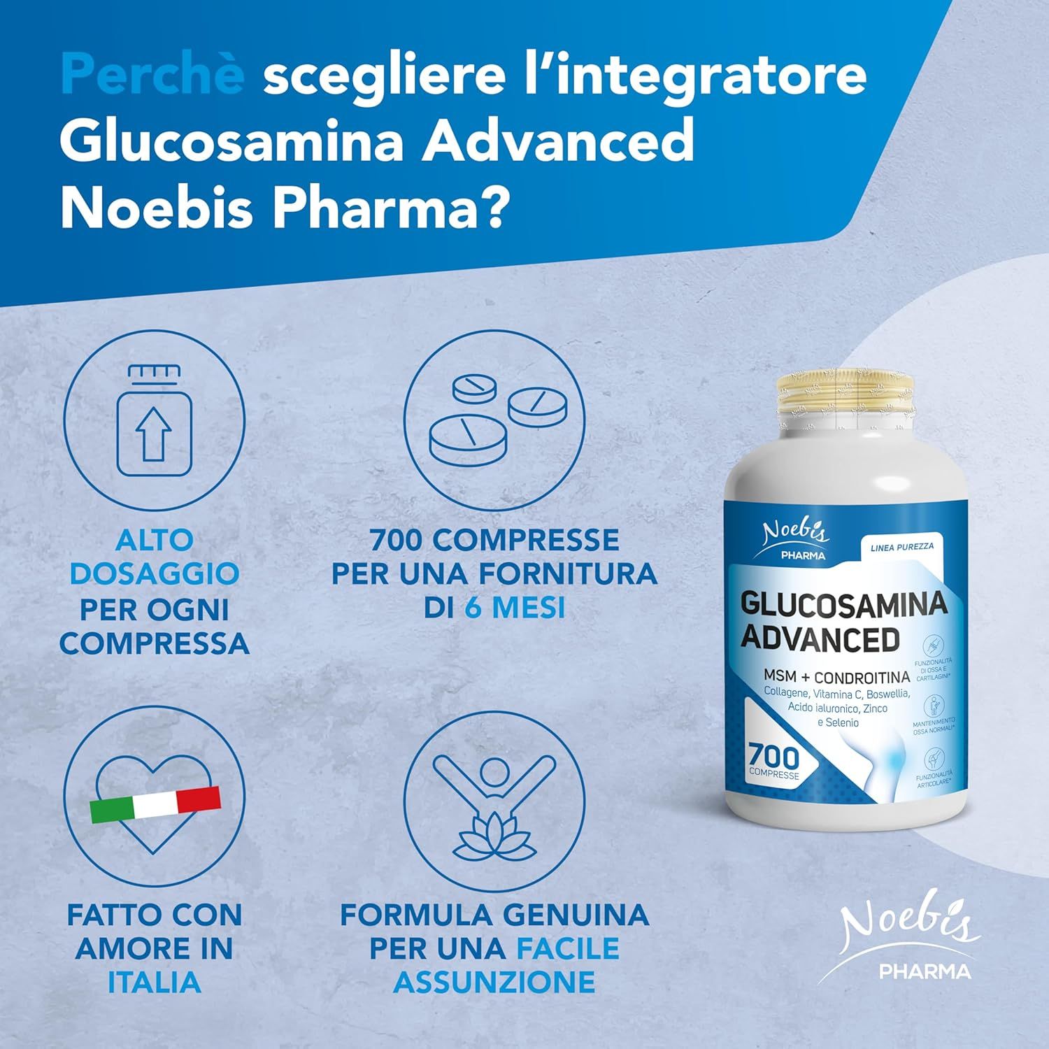 Flacone Glucosamina Advanced, 700 compresse. Icone: alto dosaggio, scorta 6 mesi, fatto in Italia, facile assunzione.