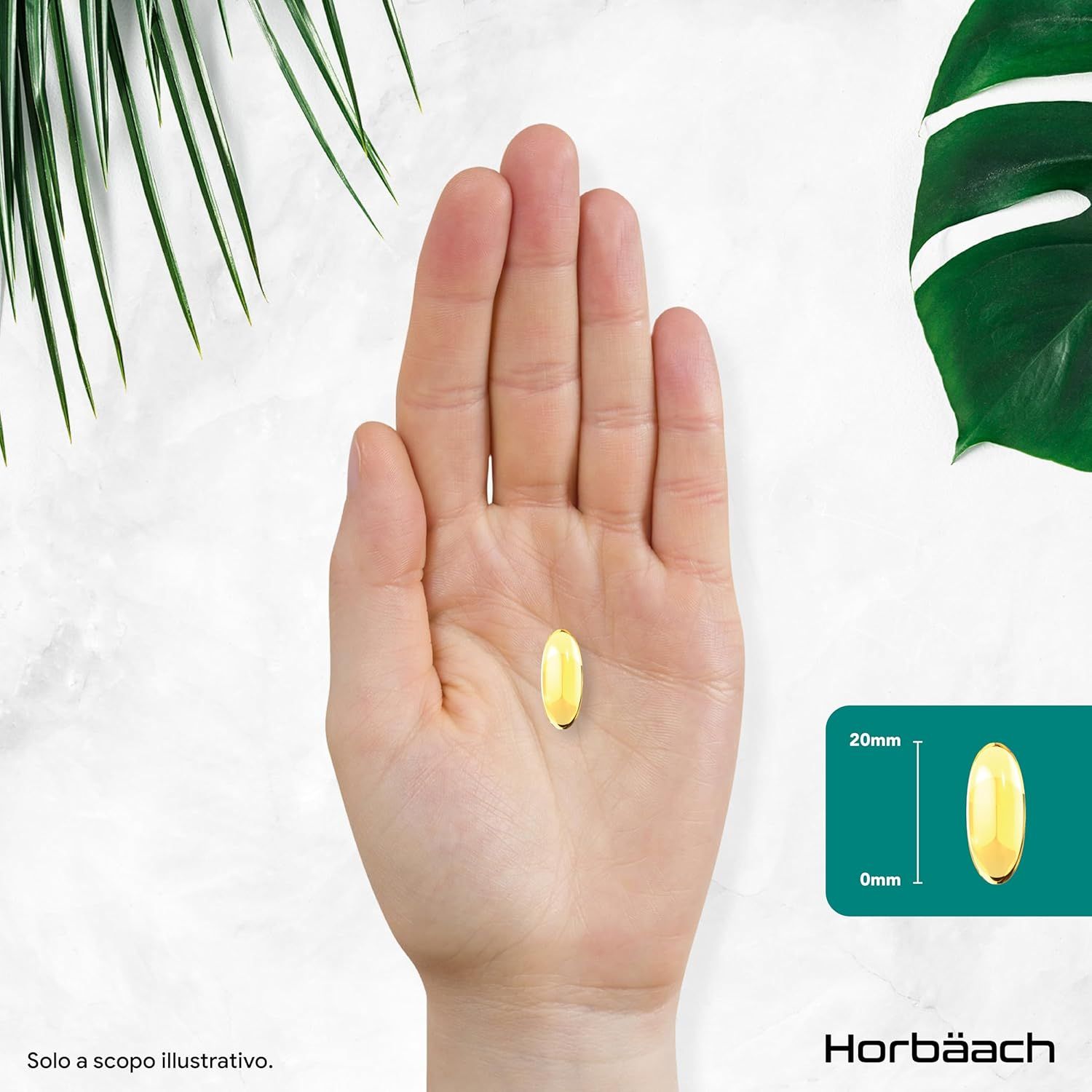 Mano che tiene una capsula ovale gialla. Dimensioni: 20 mm di lunghezza. Logo Horbaach.