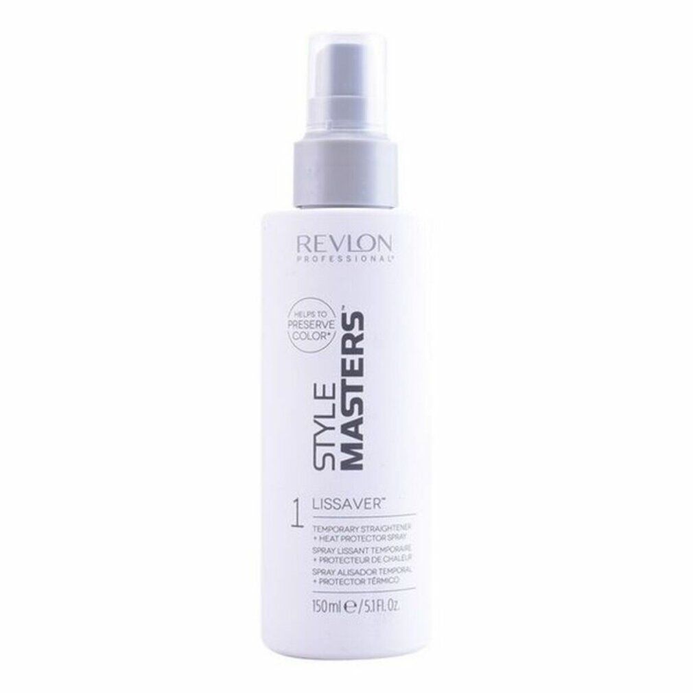 Flacone spray bianco con erogatore grigio. Scritte: Revlon Professional, Style Masters, Lissaver, 150ml.