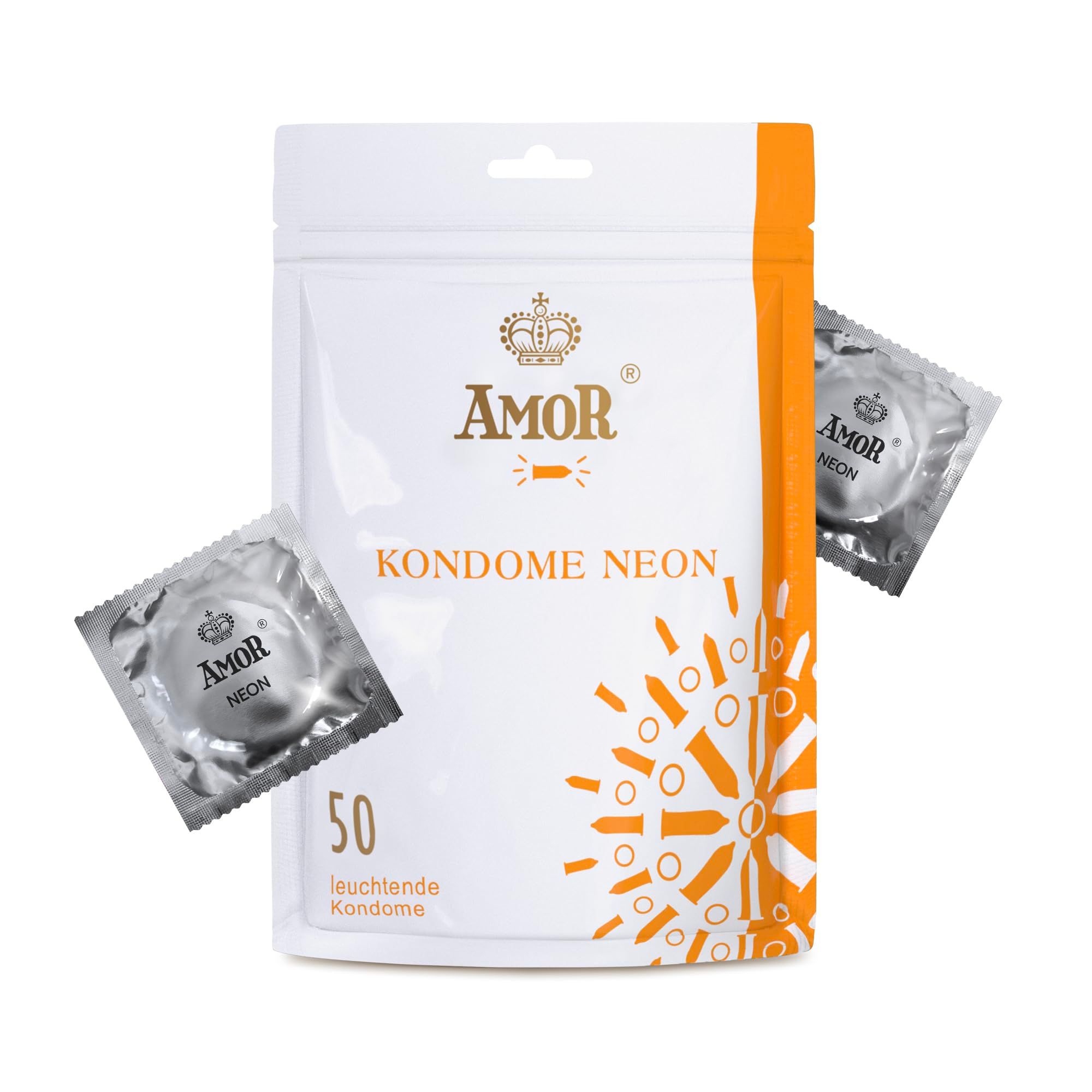 Confezione AMOR Kondome Neon con due preservativi confezionati singolarmente.