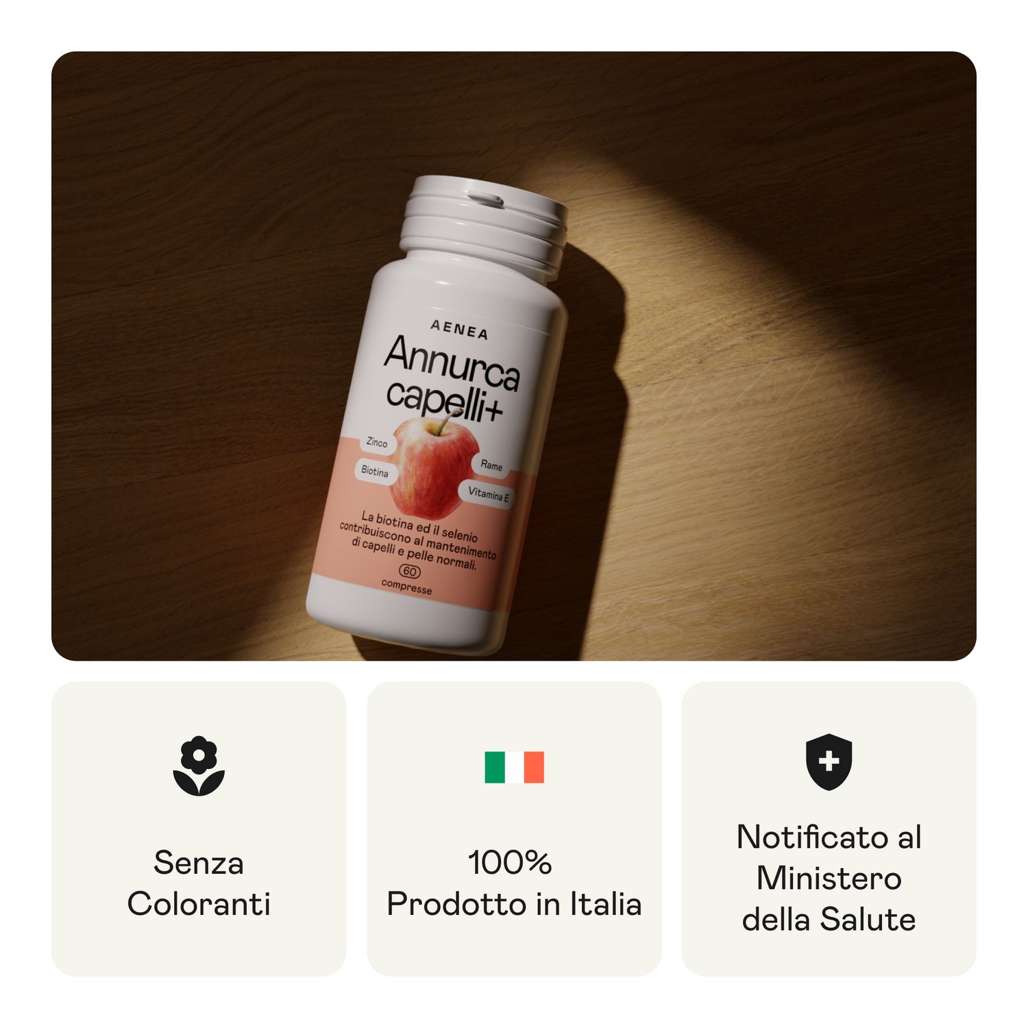 Flacone Aenea Annurca capelli+ con 60 compresse. Scritte: Senza coloranti, 100% Prodotto in Italia, Notificato al Ministero della Salute.