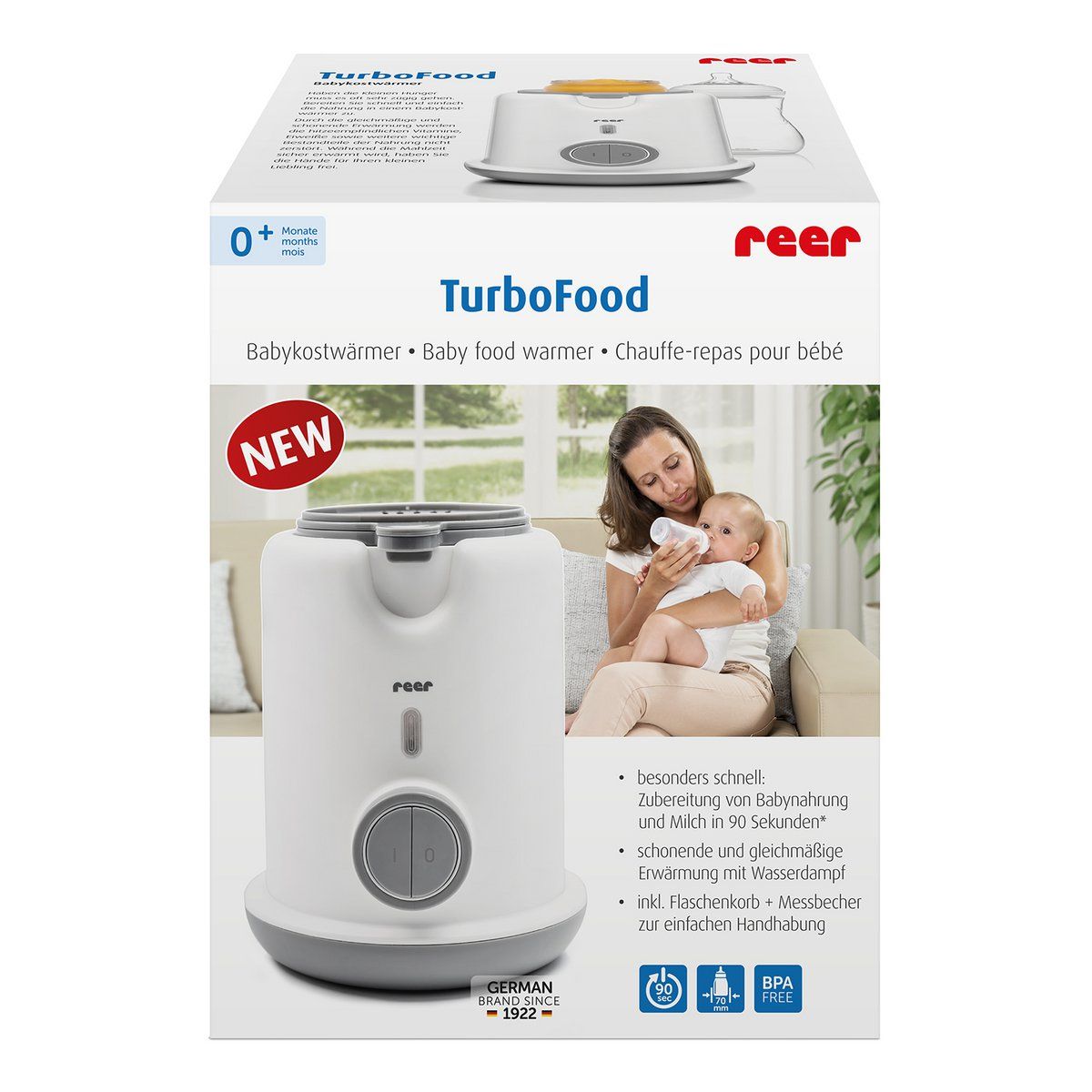Confezione dello scaldabiberon. Nome prodotto: TurboFood. Marchio: reer. Immagine del dispositivo e di una madre con bambino.