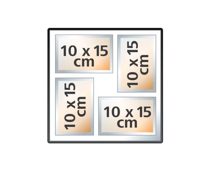 Disposizione quadrata di quattro rettangoli. Testo: 10 x 15 cm in ogni rettangolo.
