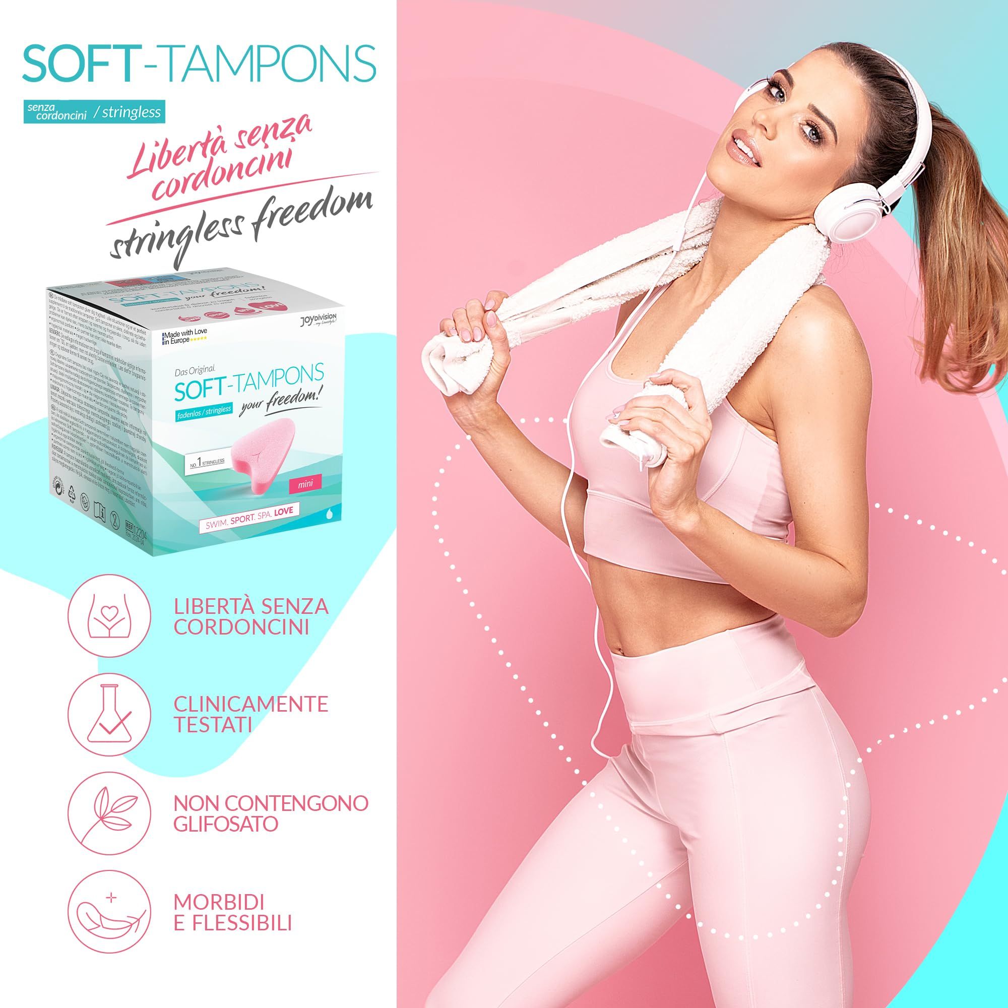 Confezione Soft-Tampons mini con immagine del prodotto e testo.