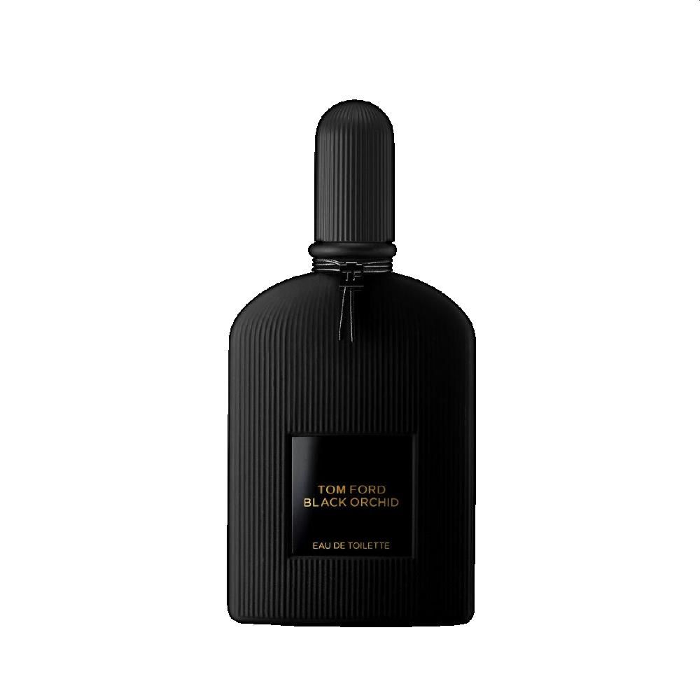 Flacone nero con superficie scanalata e tappo nero. Scritta: TOM FORD BLACK ORCHID EAU DE TOILETTE.