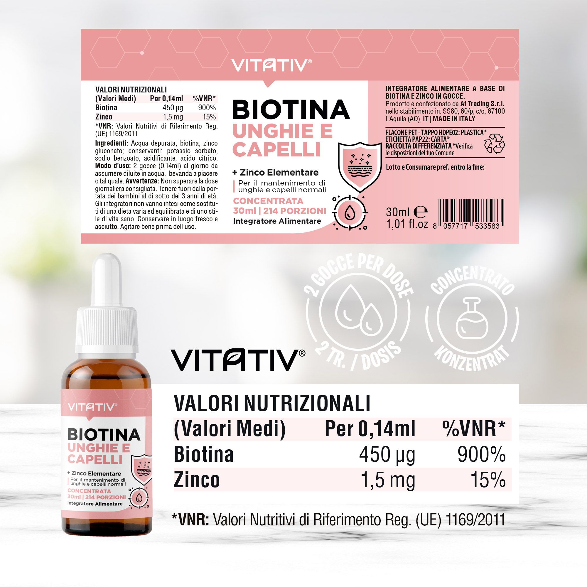 VITATIV® Biotina Unghie e Capelli + Zinco 30ml Integratore Gocce Concentrato No Edulcoranti/Zuccheri