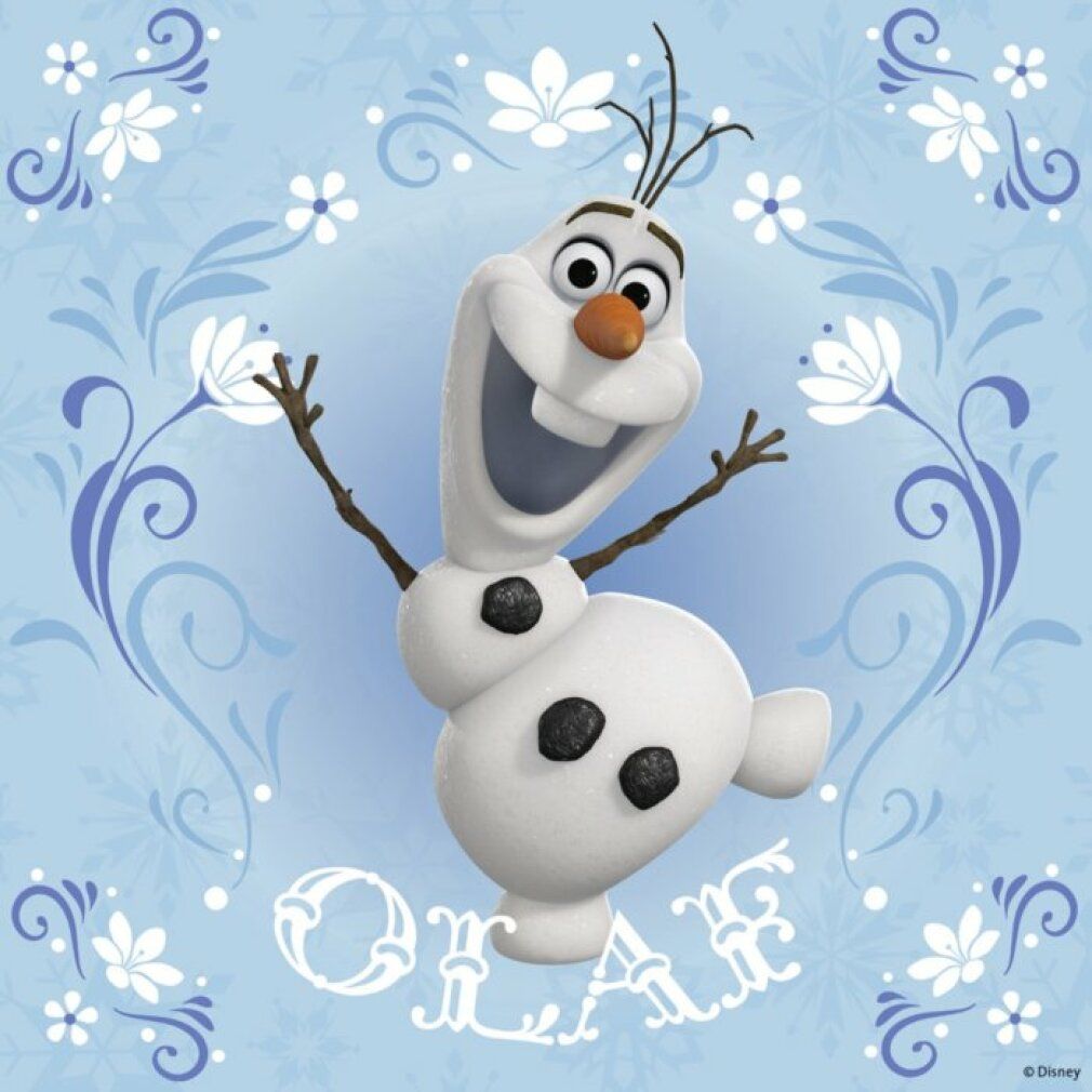 Puzzle di Olaf. Olaf su sfondo blu con motivo floreale. Scritta: Olaf.