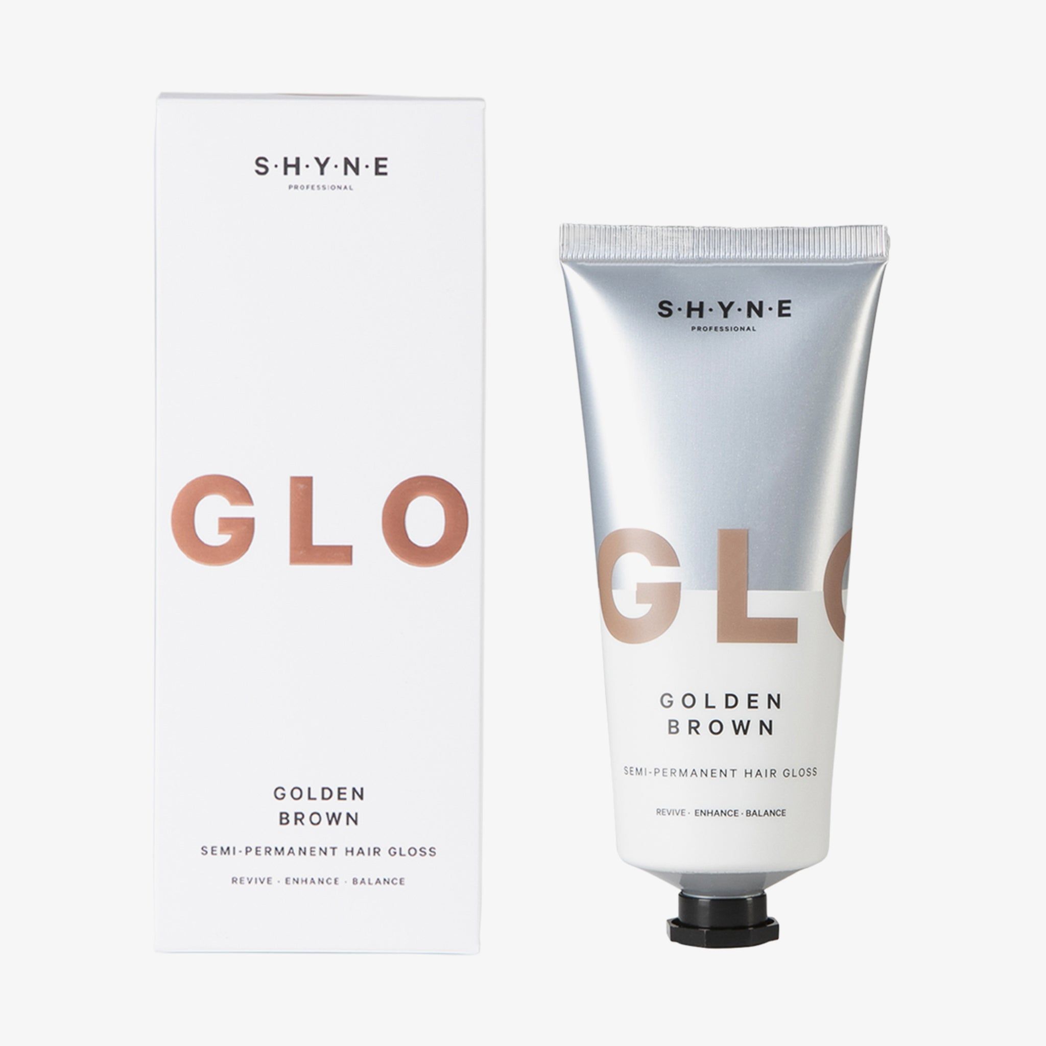 Confezione e tubo. Confezione bianca con scritta GLOSS, GOLDEN BROWN, Semi-Permanent Hair Gloss. Tubo argentato.
