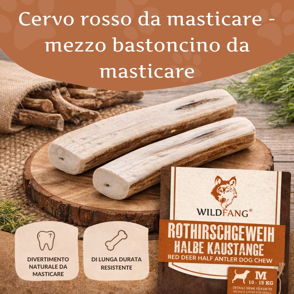 Due metà di corno di cervo da masticare su legno. Confezione marrone con nome e logo del prodotto. Testo: « Wildfang Rothirschgeweih halbe Kaustange ».