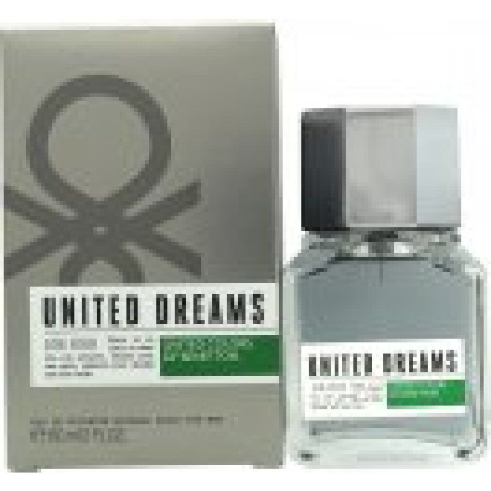 Flacone e scatola. Flacone grigio con tappo argentato. Scatola con logo e testo: United Dreams Aim High.