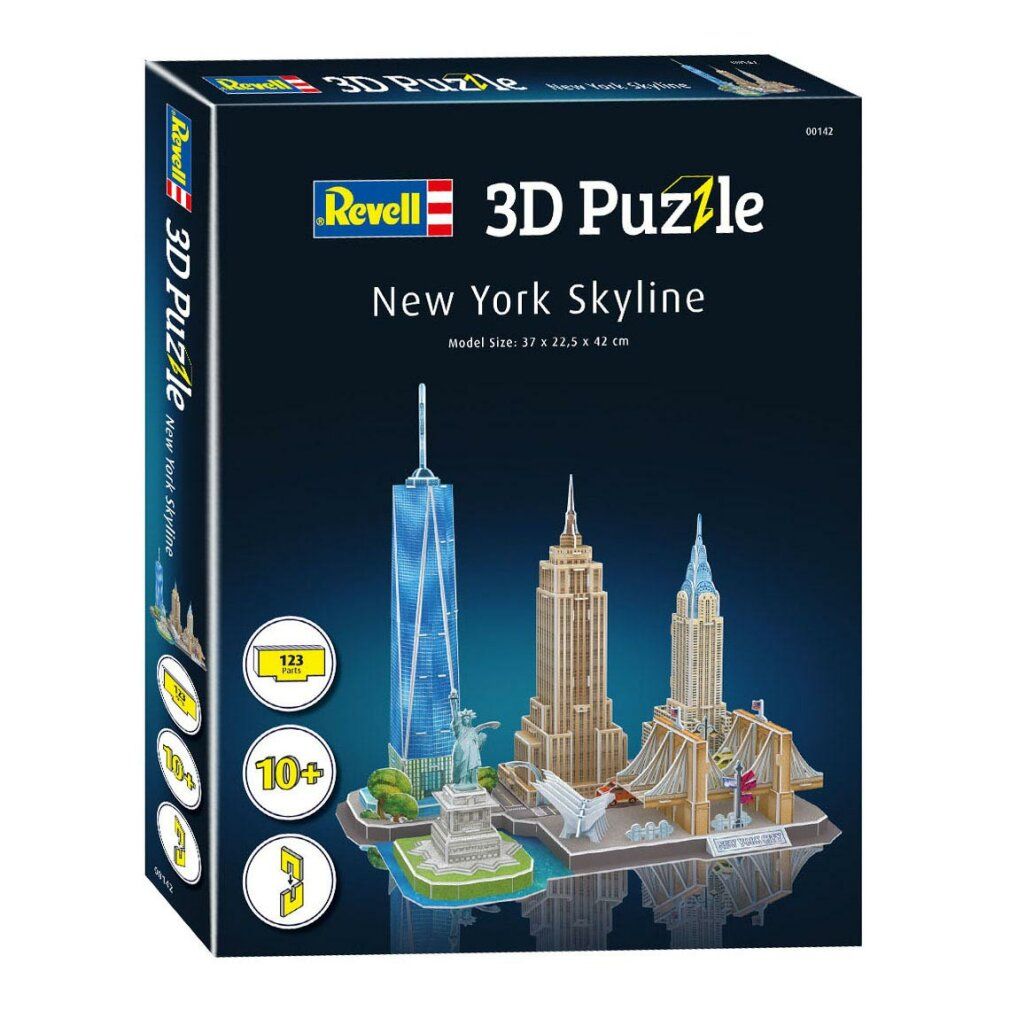 Confezione del puzzle 3D New York Skyline. Contiene modelli di grattacieli e Statua della Libertà. Logo e informazioni.