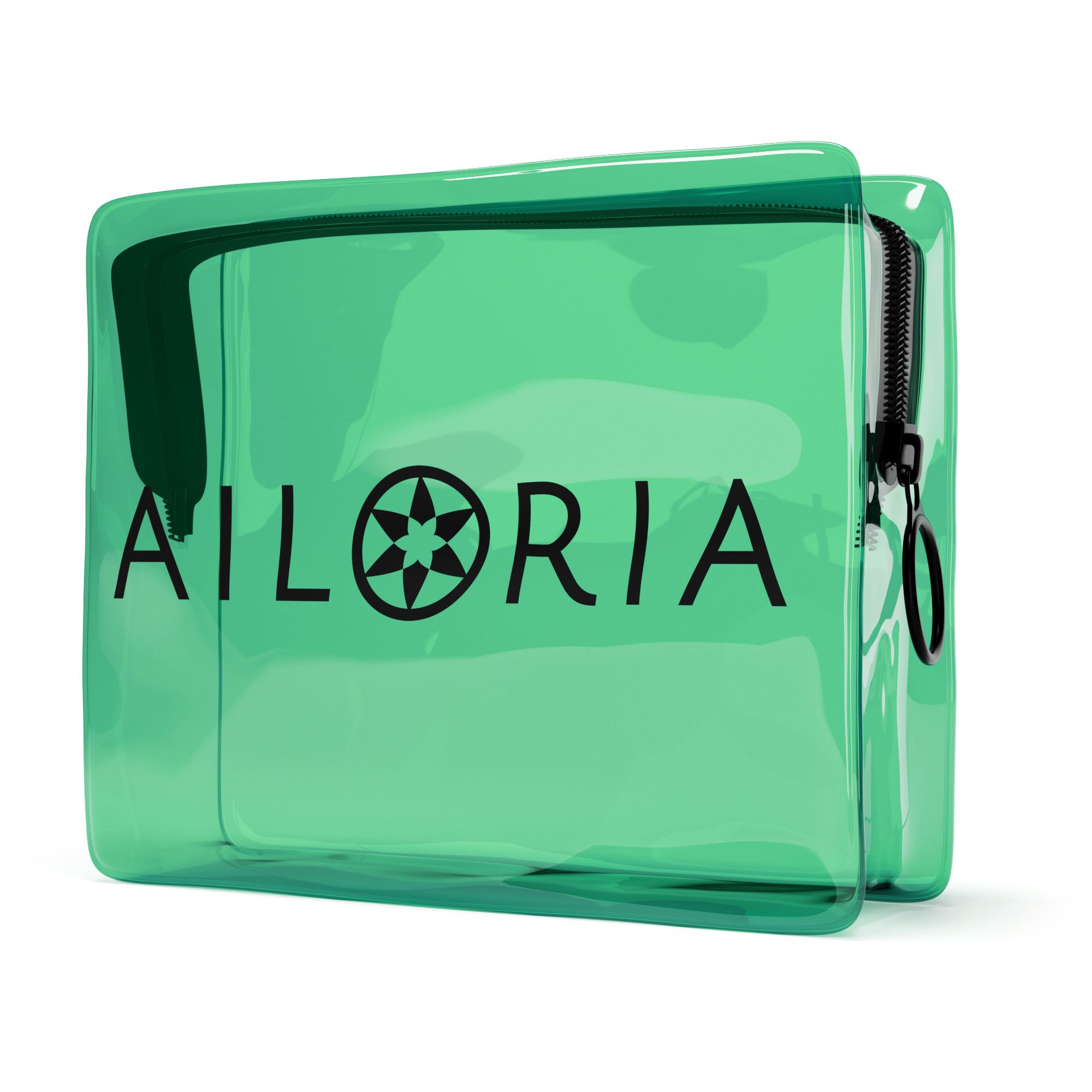 Pochette per cosmetici verde trasparente con cerniera. Logo AILORIA.