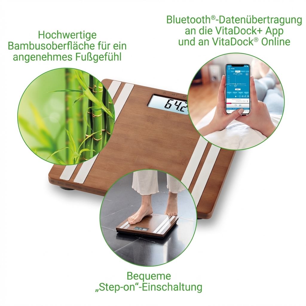 Bilancia di analisi corporea in bambù con display, app smartphone, dettaglio bambù e scena d'uso.