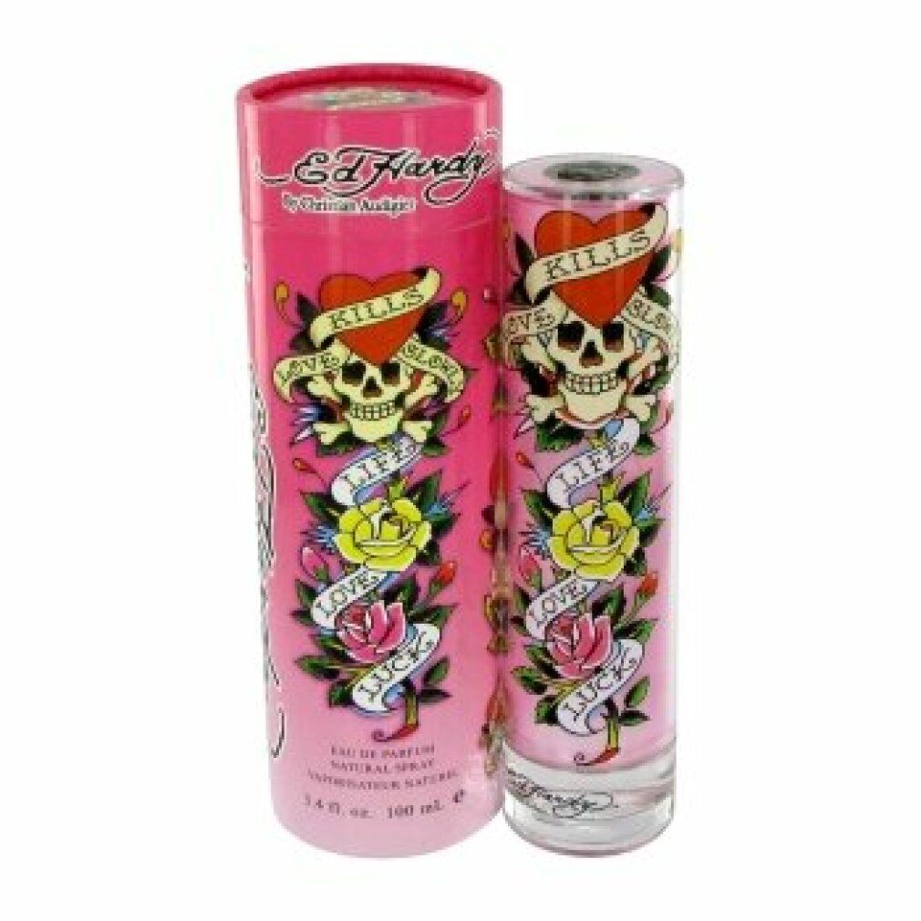 Flacone rosa e confezione cilindrica. Design teschio tatuato con rose e scritte. Logo Ed Hardy visibile.