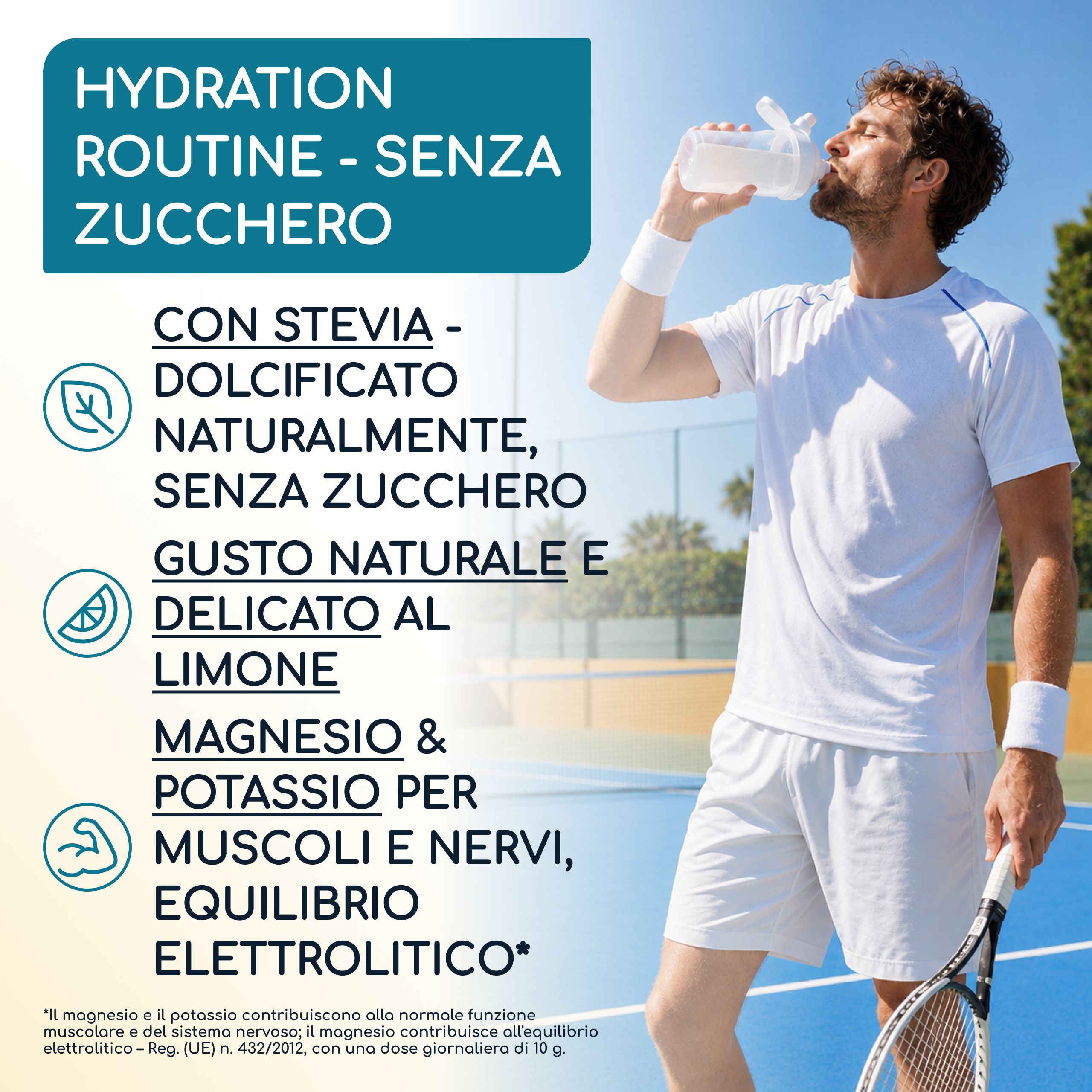 Uomo beve bevanda elettrolitica a tennis, senza zucchero, con stevia, gusto limone.