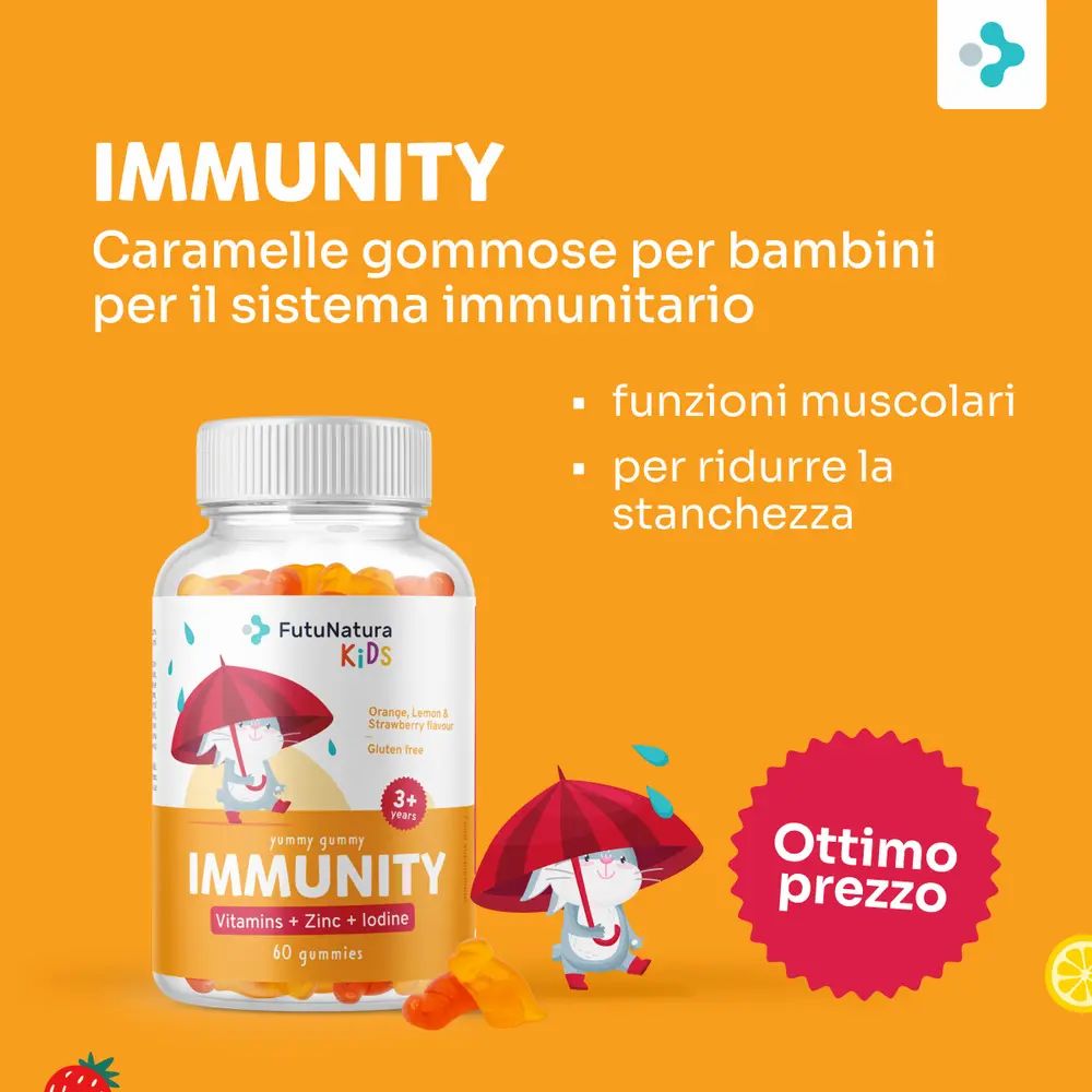 Bottiglia di FutuNatura Immunity Gummies. Testo: Immunity, caramelle gommose per bambini. Sfondo arancione. Ottimo prezzo.