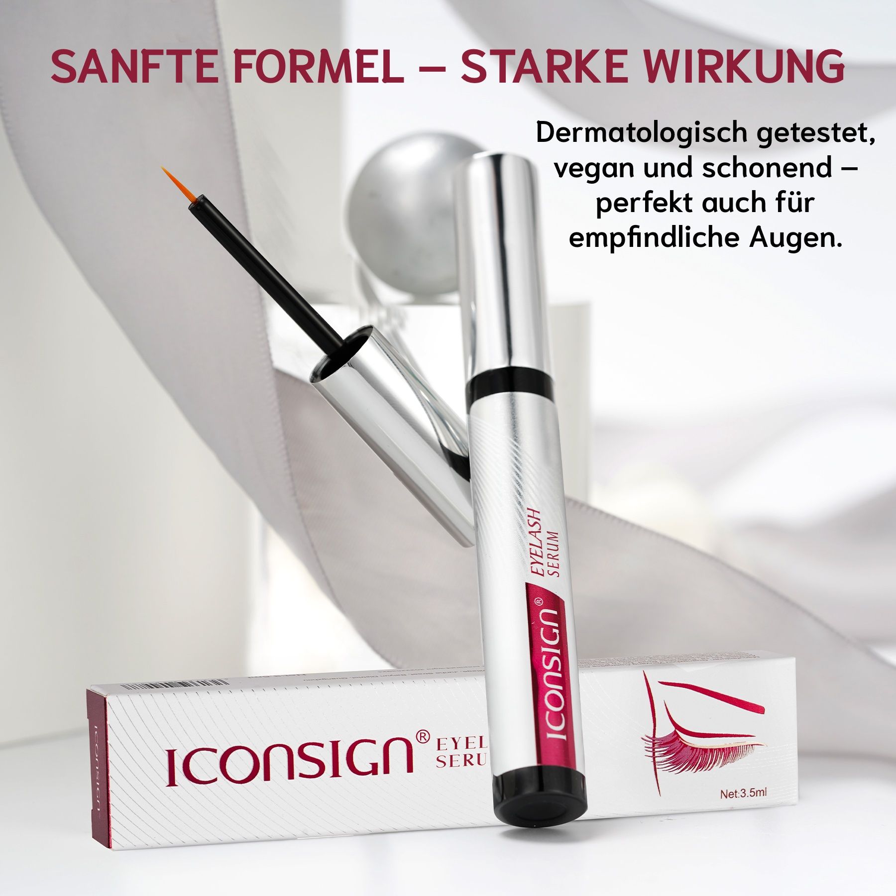 Prodotto e confezione Iconsign. Flacone e scatola con testo. Testo: Formula delicata - Effetto forte.