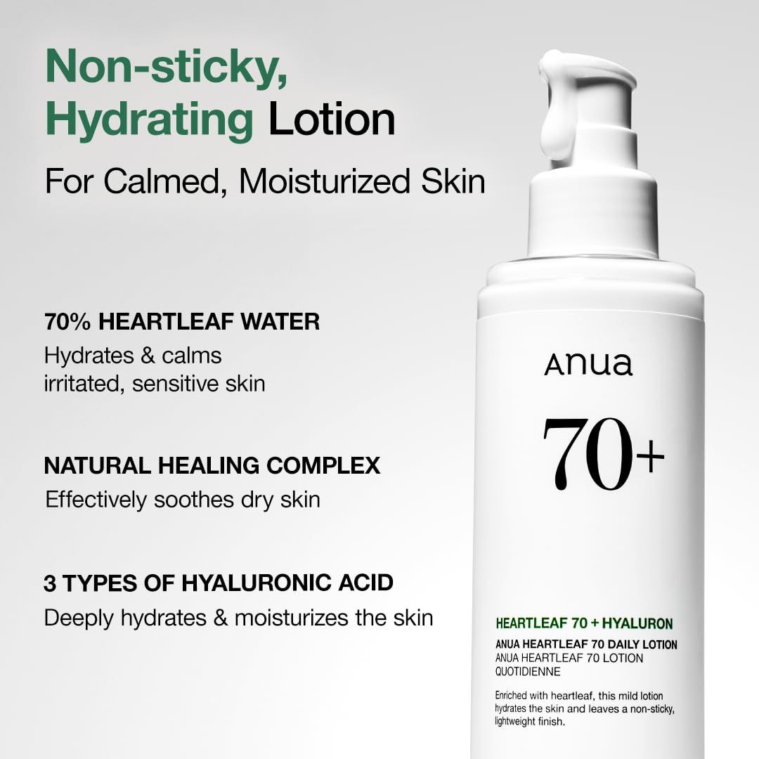 Flacone di lozione bianco con scritta: Anua 70+. Testo: Heartleaf 70 Daily Lotion + Hyaluron. Per pelli sensibili.