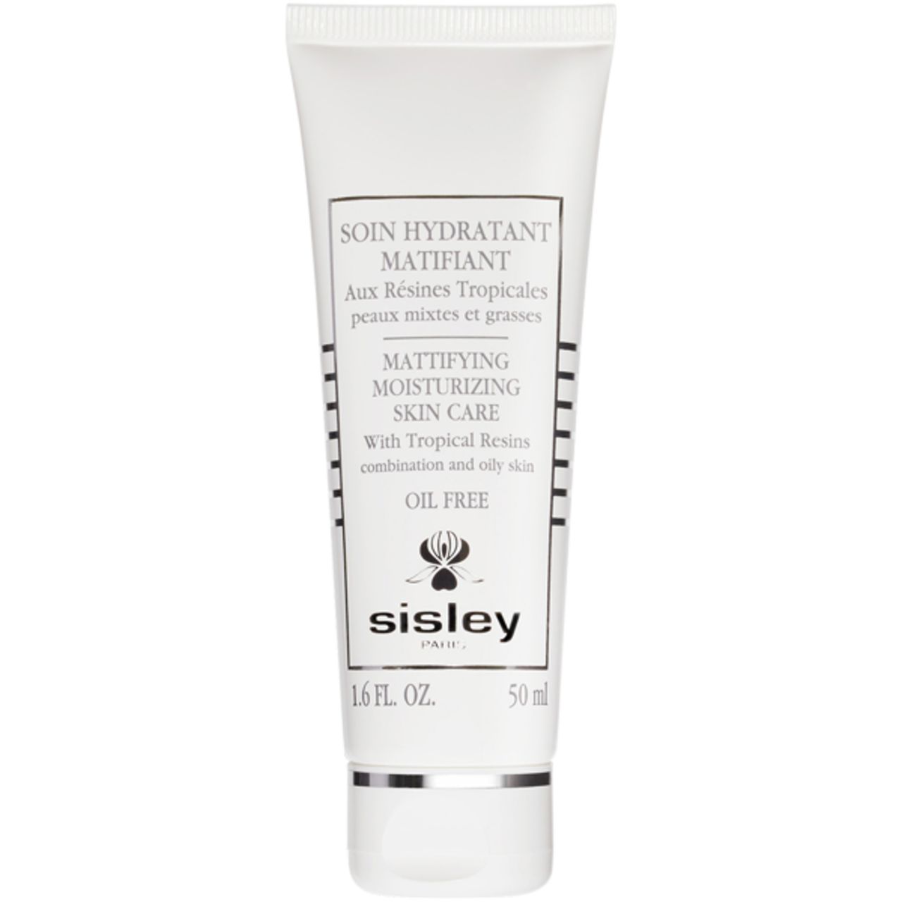 Tubo bianco con testo nero. Soin Hydratant Matifiant, Mattifying Moisturizing Skin Care, Oil Free. Marchio: Sisley.