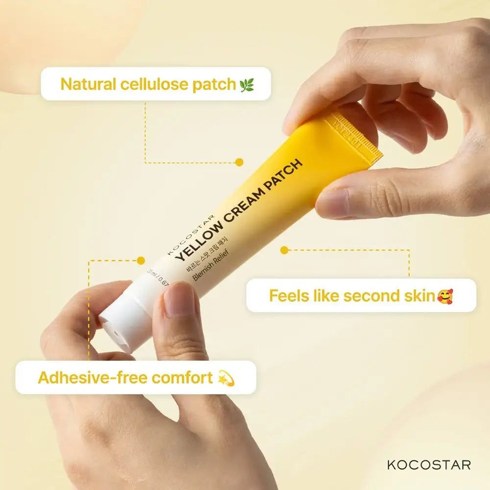 Tubo giallo KOCOSTAR Yellow Cream Patch. Mani che tengono il tubo. Testo: Adhesive-free comfort, Feels like second skin.