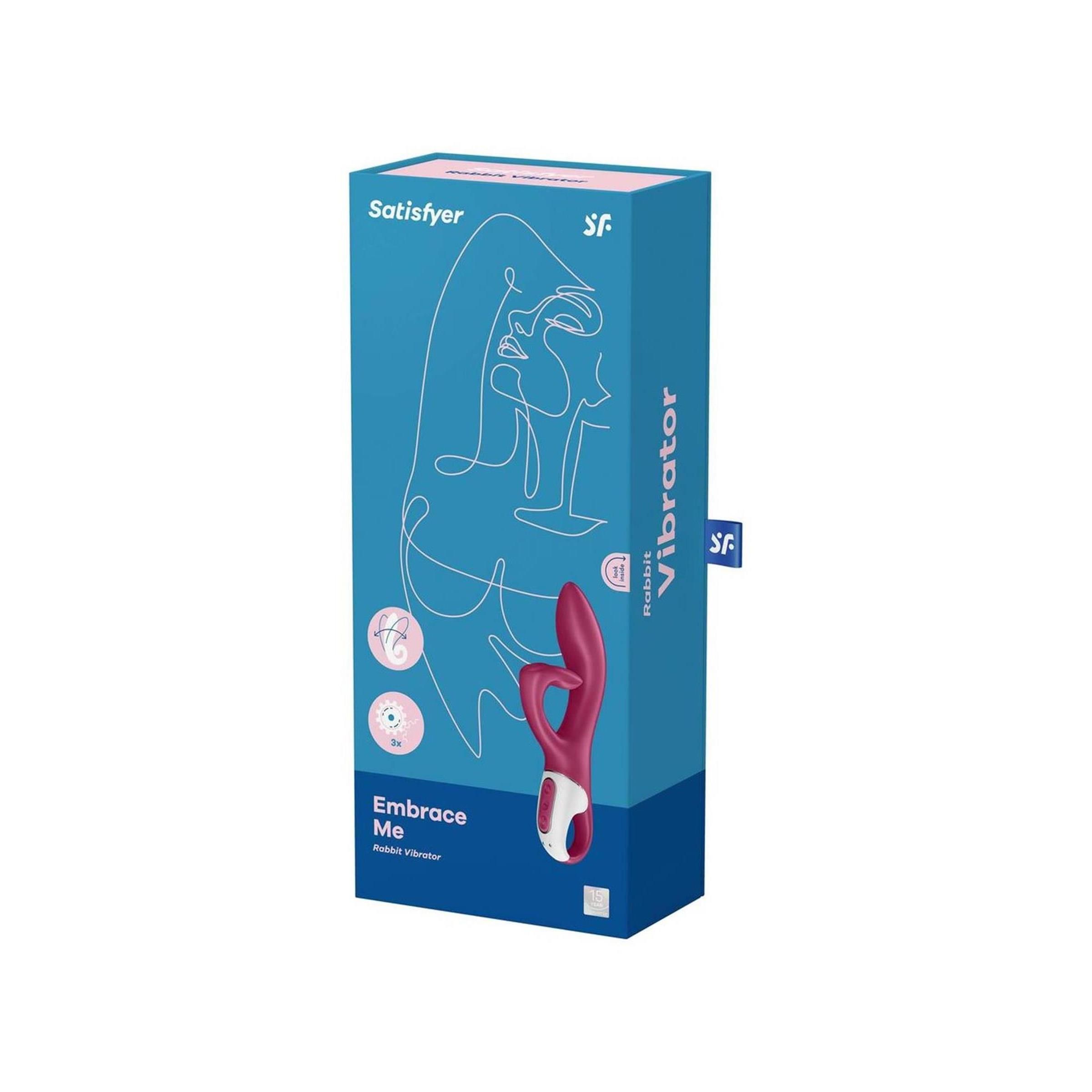 Confezione di un vibratore coniglio rosa, etichettato 'Embrace Me'.